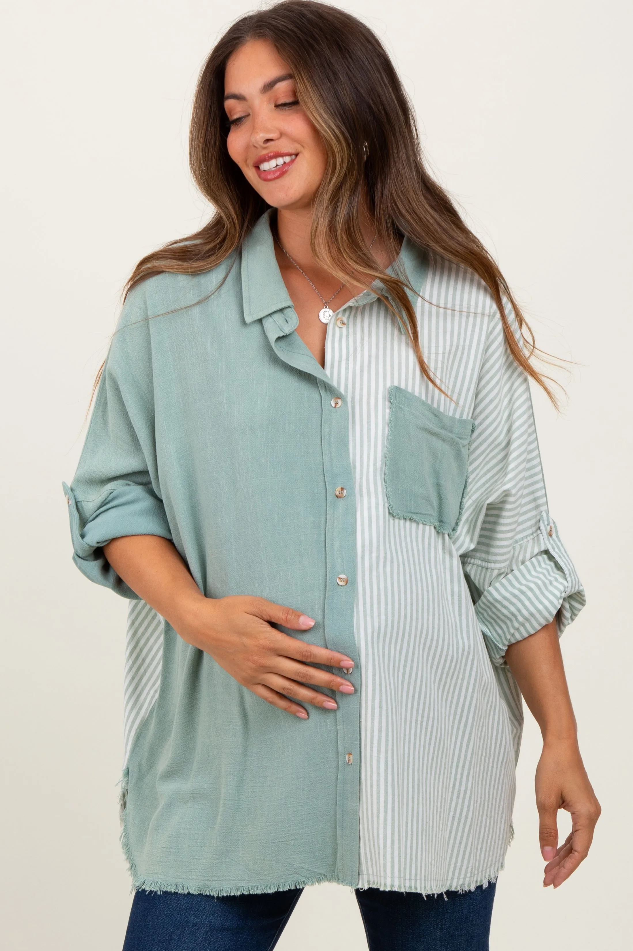 Light Olive Colorblock Stripe Oversized Maternity Button Down sold by Pinkblush product image thumbnail 2