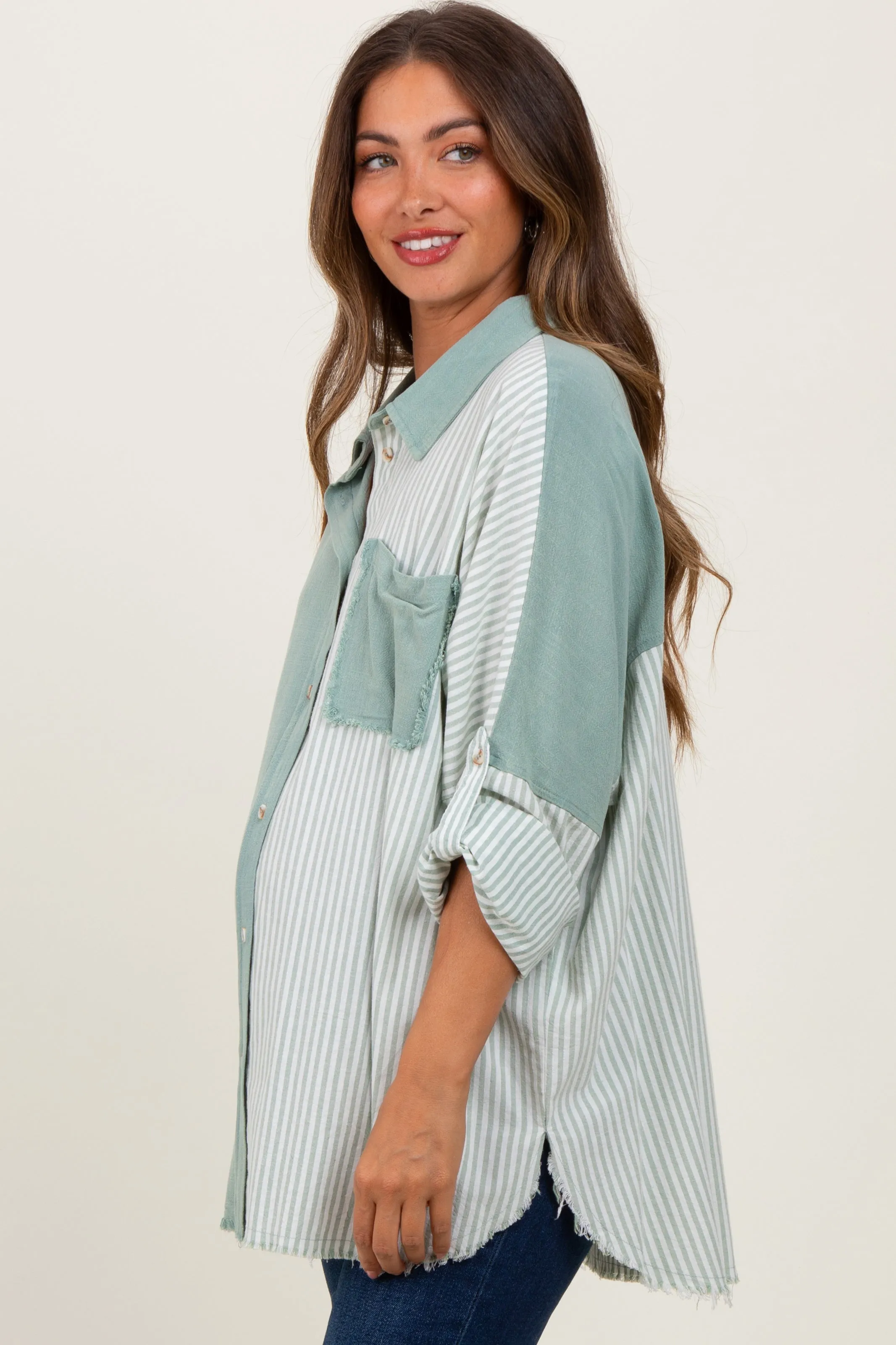 Light Olive Colorblock Stripe Oversized Maternity Button Down sold by Pinkblush product image thumbnail 3