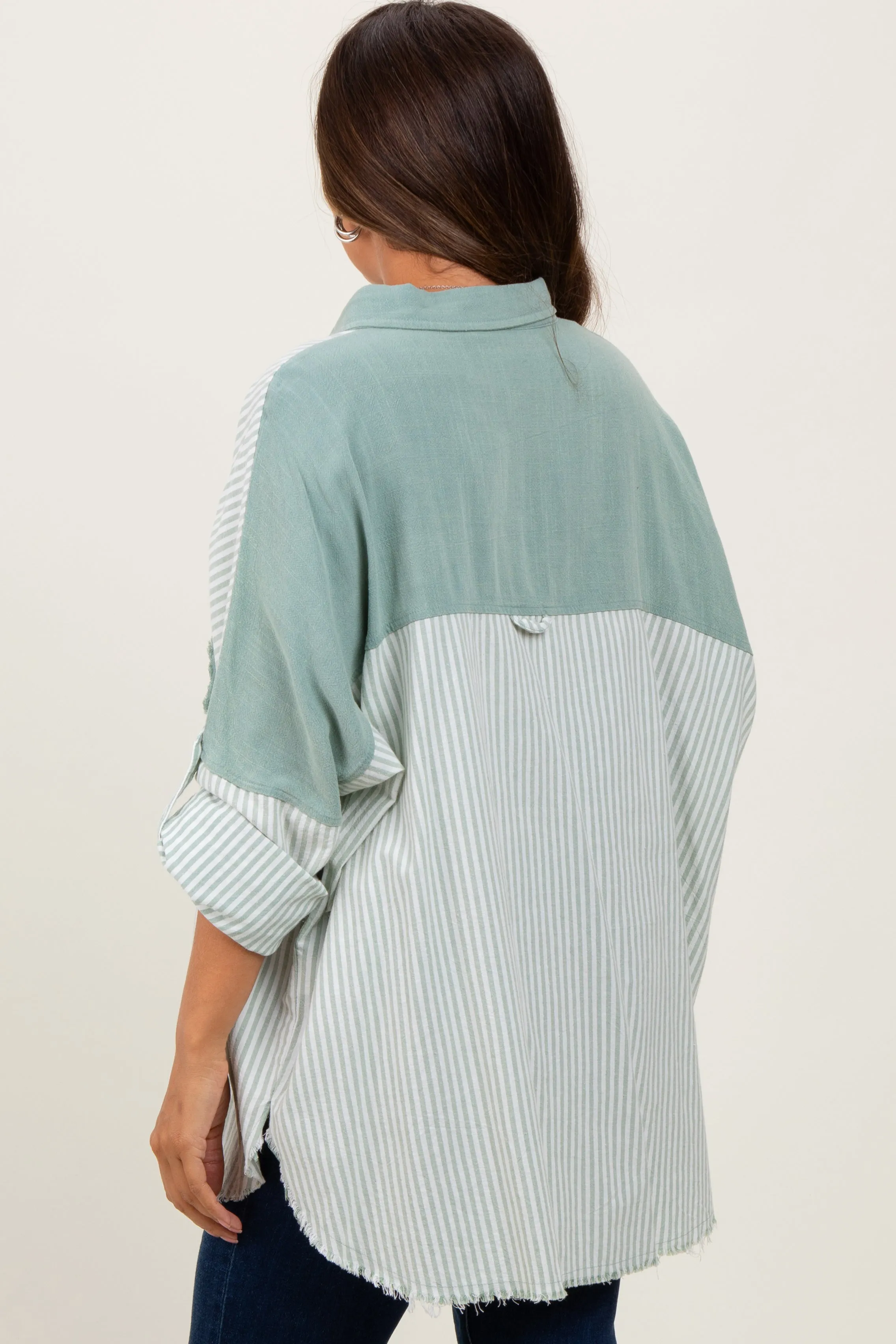 Light Olive Colorblock Stripe Oversized Maternity Button Down sold by Pinkblush product image thumbnail 4