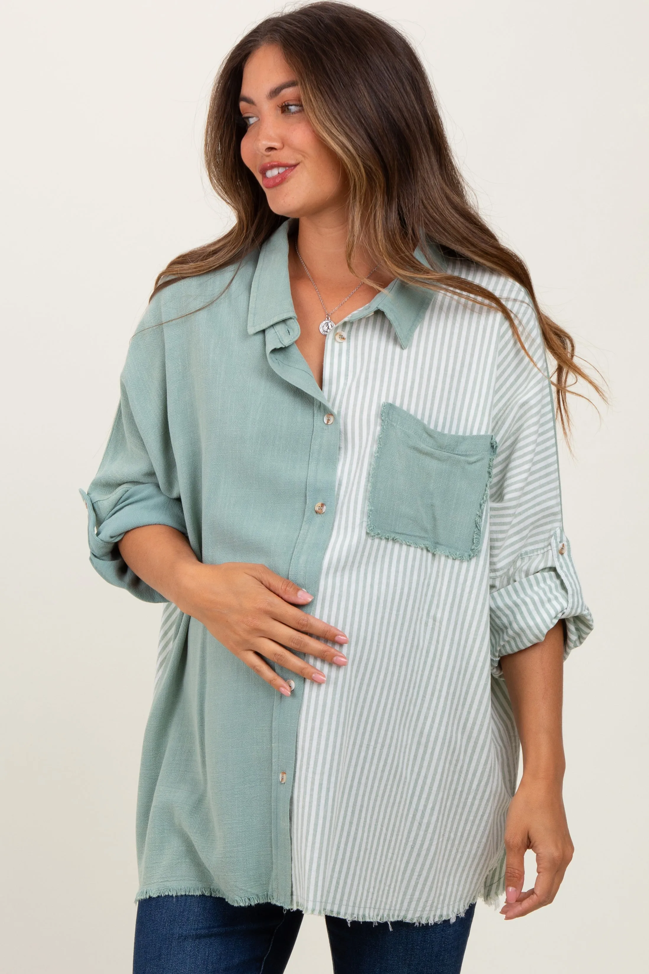 Light Olive Colorblock Stripe Oversized Maternity Button Down sold by Pinkblush