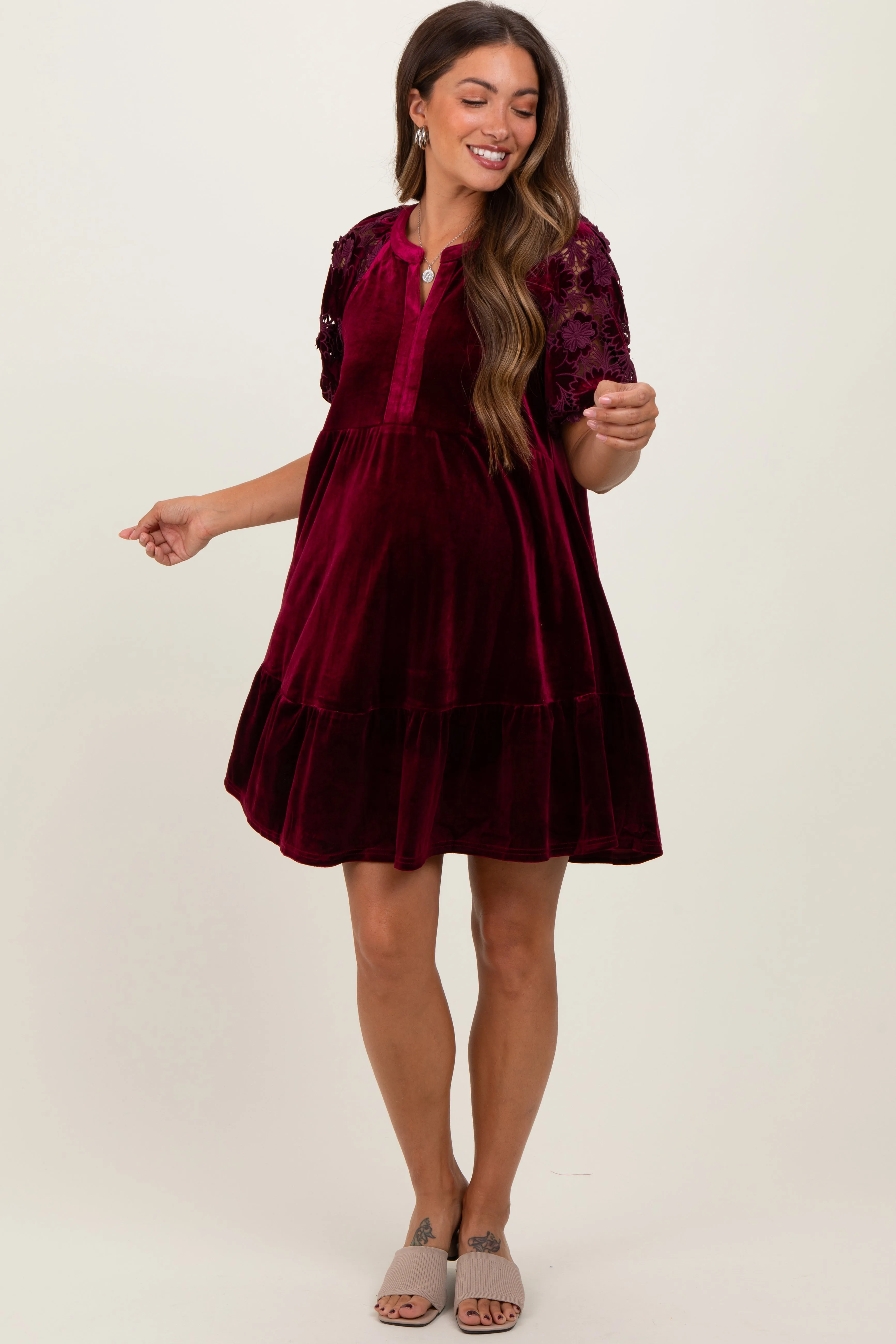 Burgundy Velvet Floral Lace Short Sleeve Maternity Dress sold by Pinkblush product image thumbnail 2