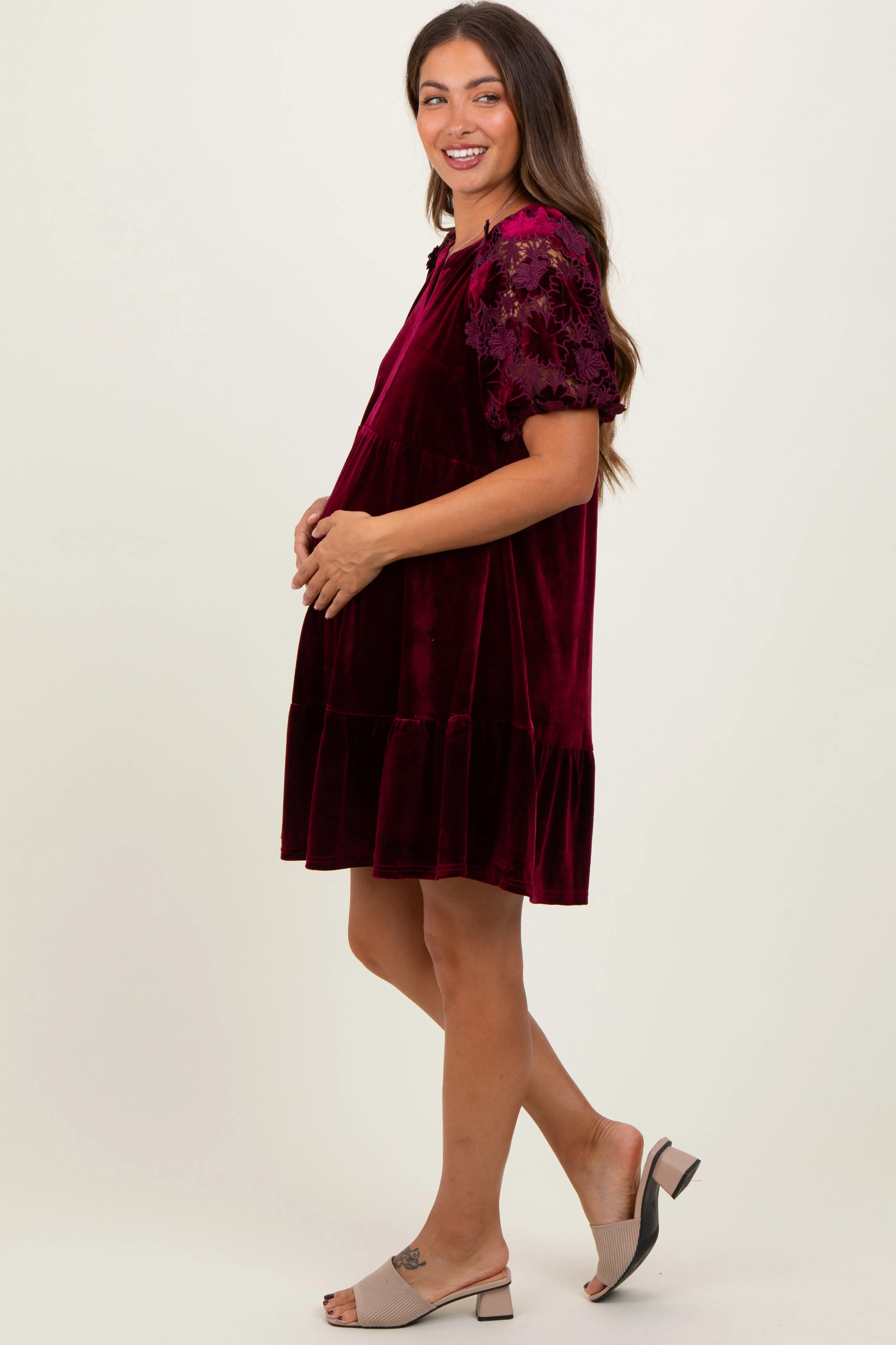Burgundy Velvet Floral Lace Short Sleeve Maternity Dress sold by Pinkblush product image thumbnail 3