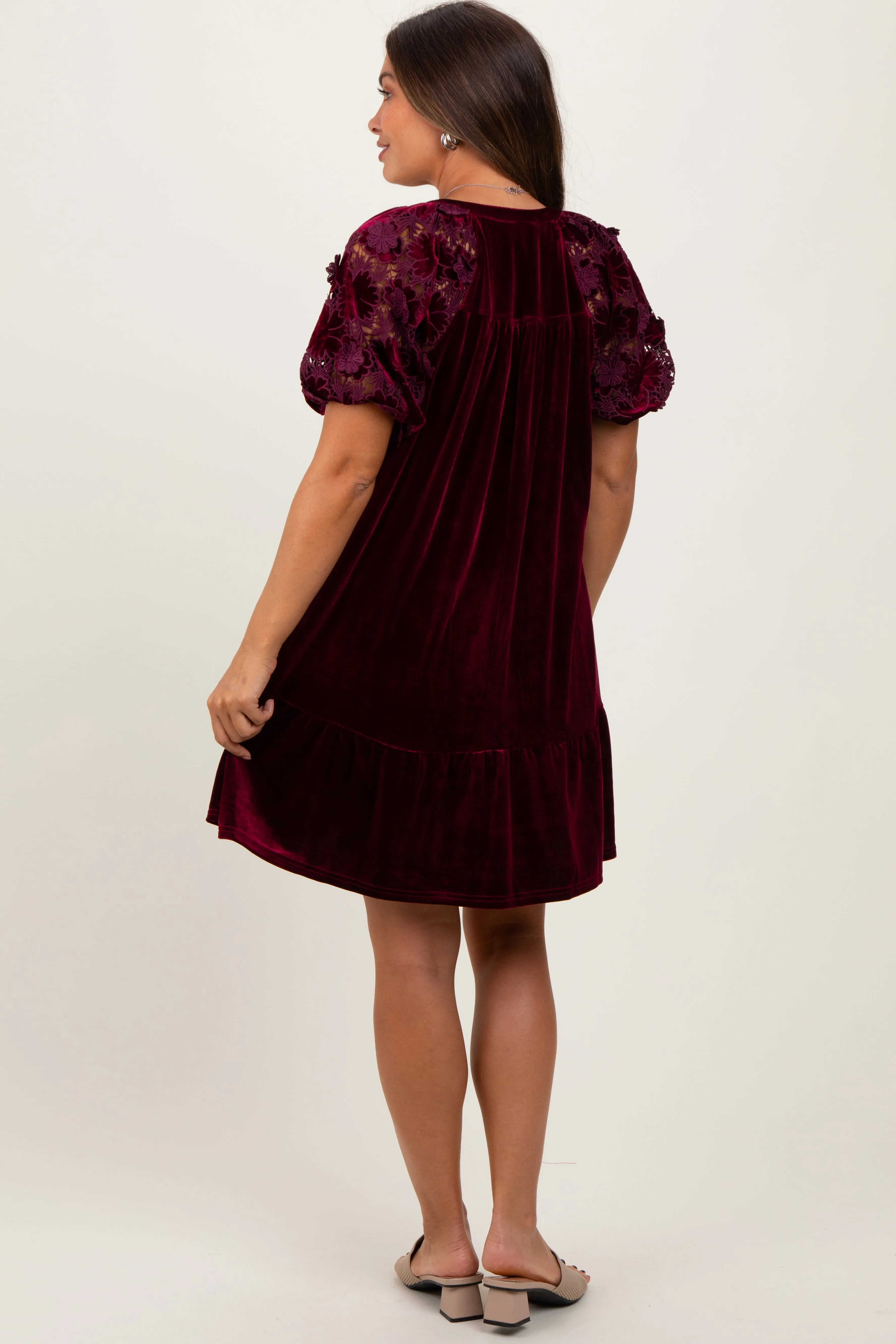 Burgundy Velvet Floral Lace Short Sleeve Maternity Dress sold by Pinkblush product image thumbnail 4