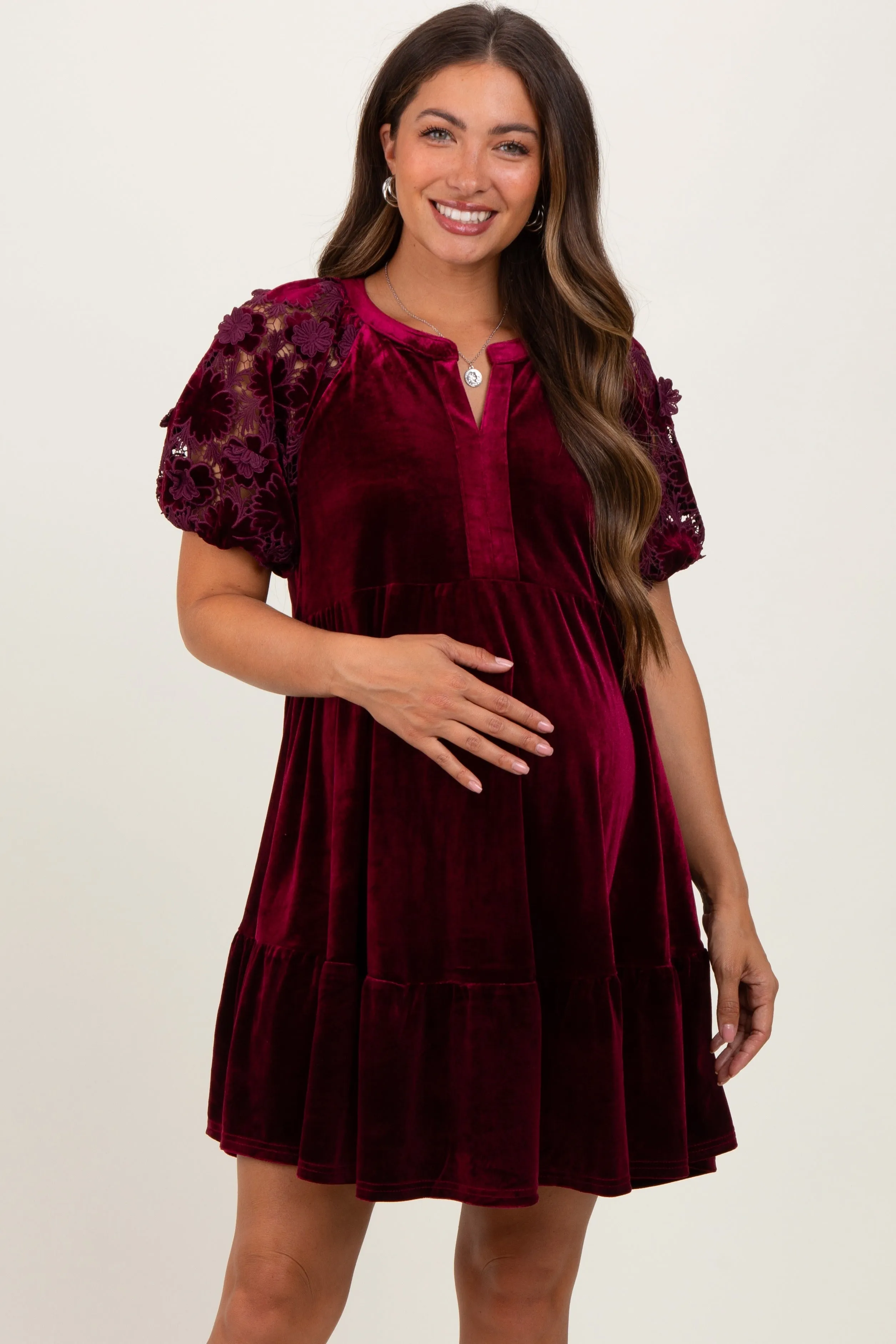 Burgundy Velvet Floral Lace Short Sleeve Maternity Dress sold by Pinkblush