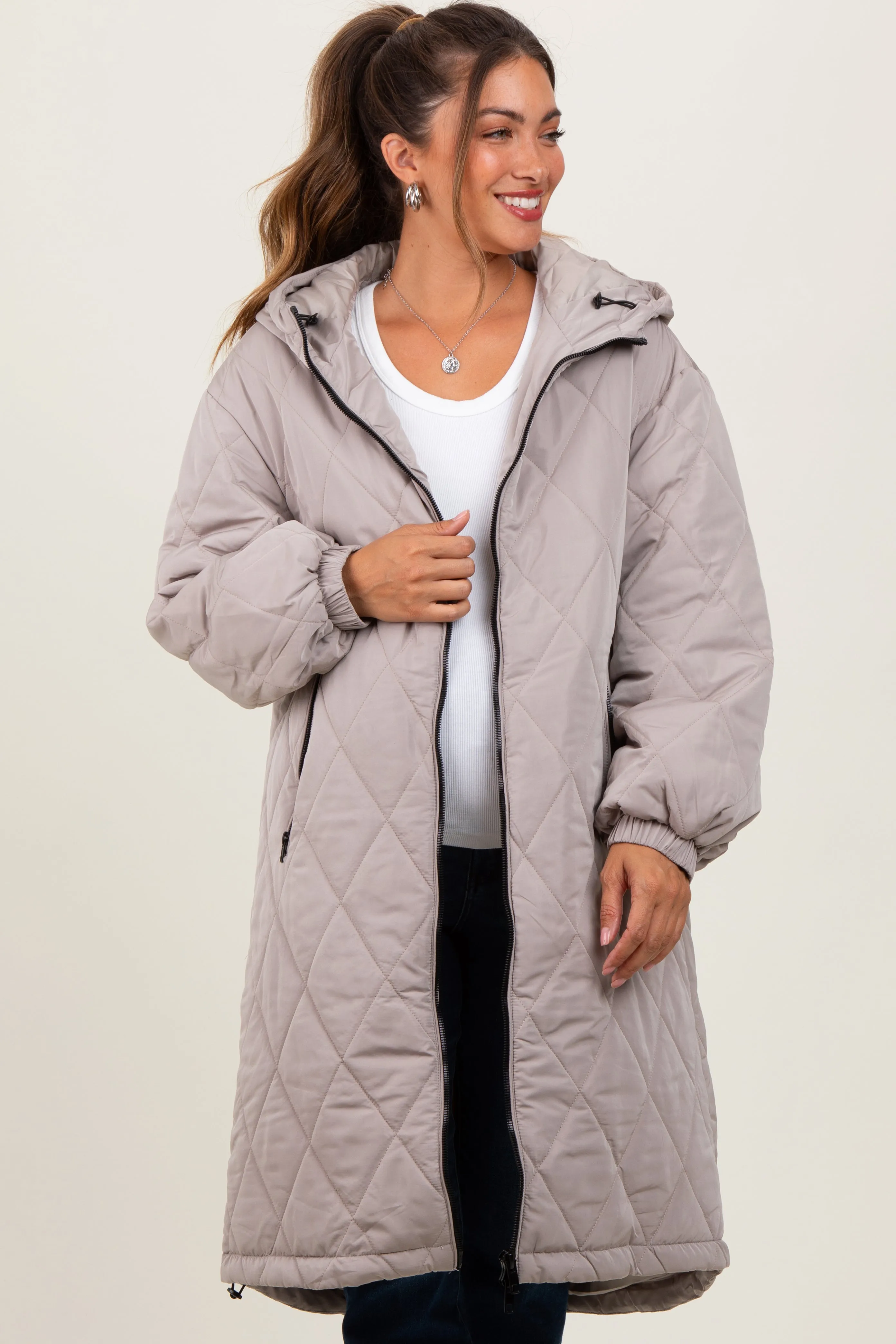 Light Mocha Quilted Long Maternity Puffer Jacket sold by Pinkblush