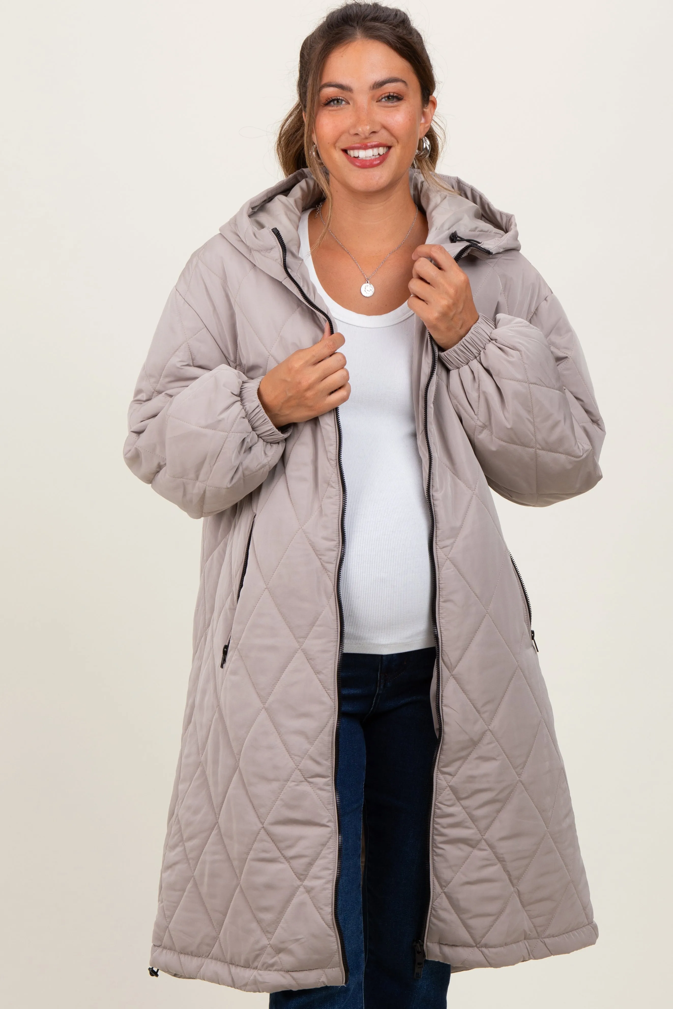 Light Mocha Quilted Long Maternity Puffer Jacket sold by Pinkblush product image thumbnail 2