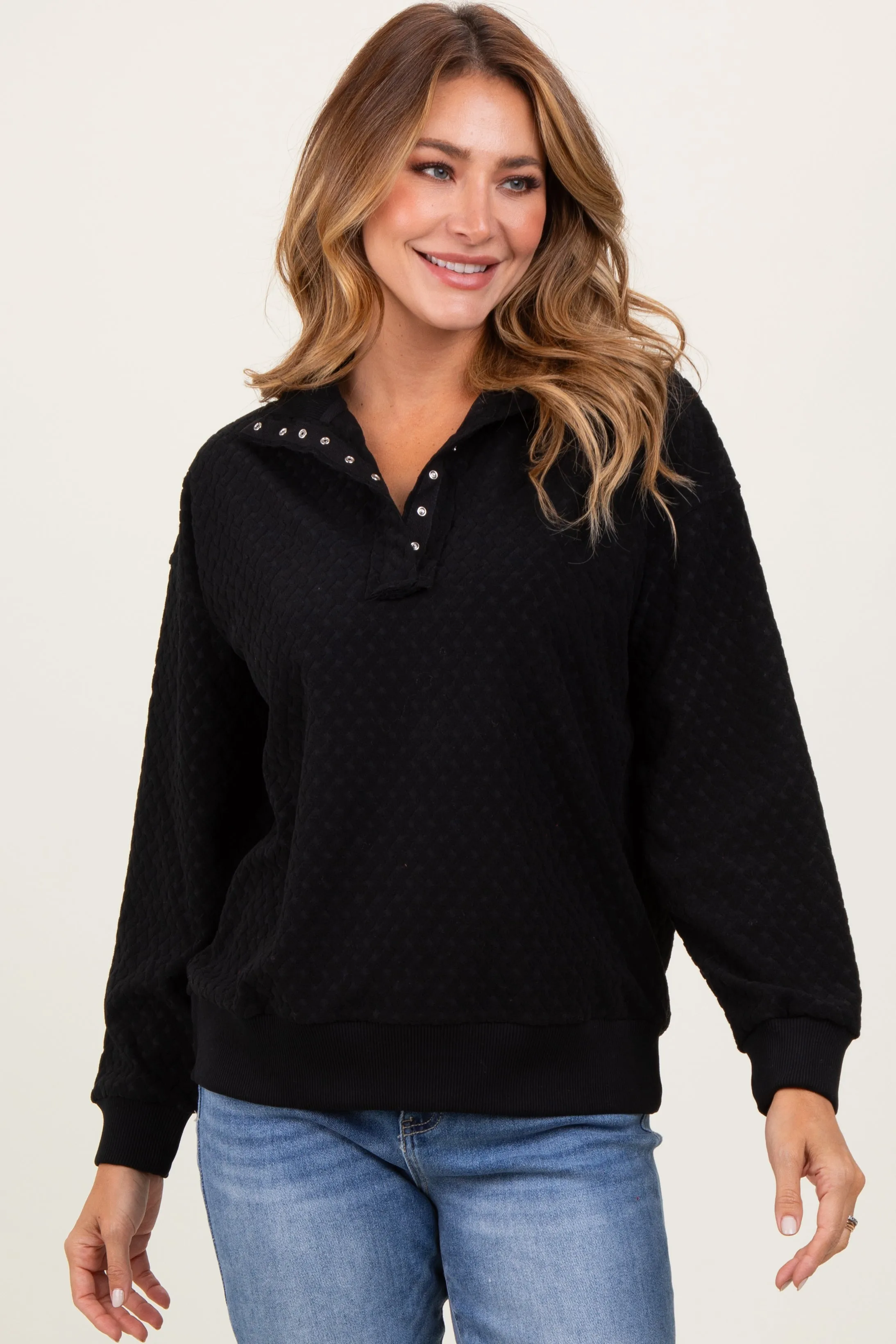 Black Quilted Knit Snap Collar Maternity Pullover Top sold by Pinkblush product image thumbnail 5