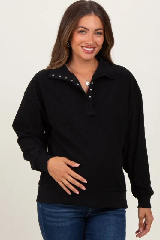 Black Quilted Knit Snap Collar Maternity Pullover Top sold by Pinkblush