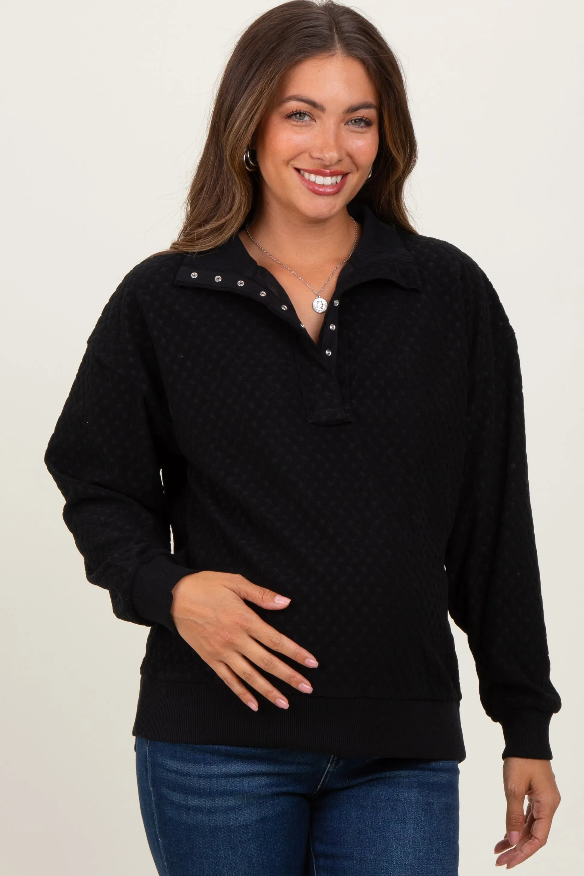 Black Quilted Knit Snap Collar Maternity Pullover Top sold by Pinkblush