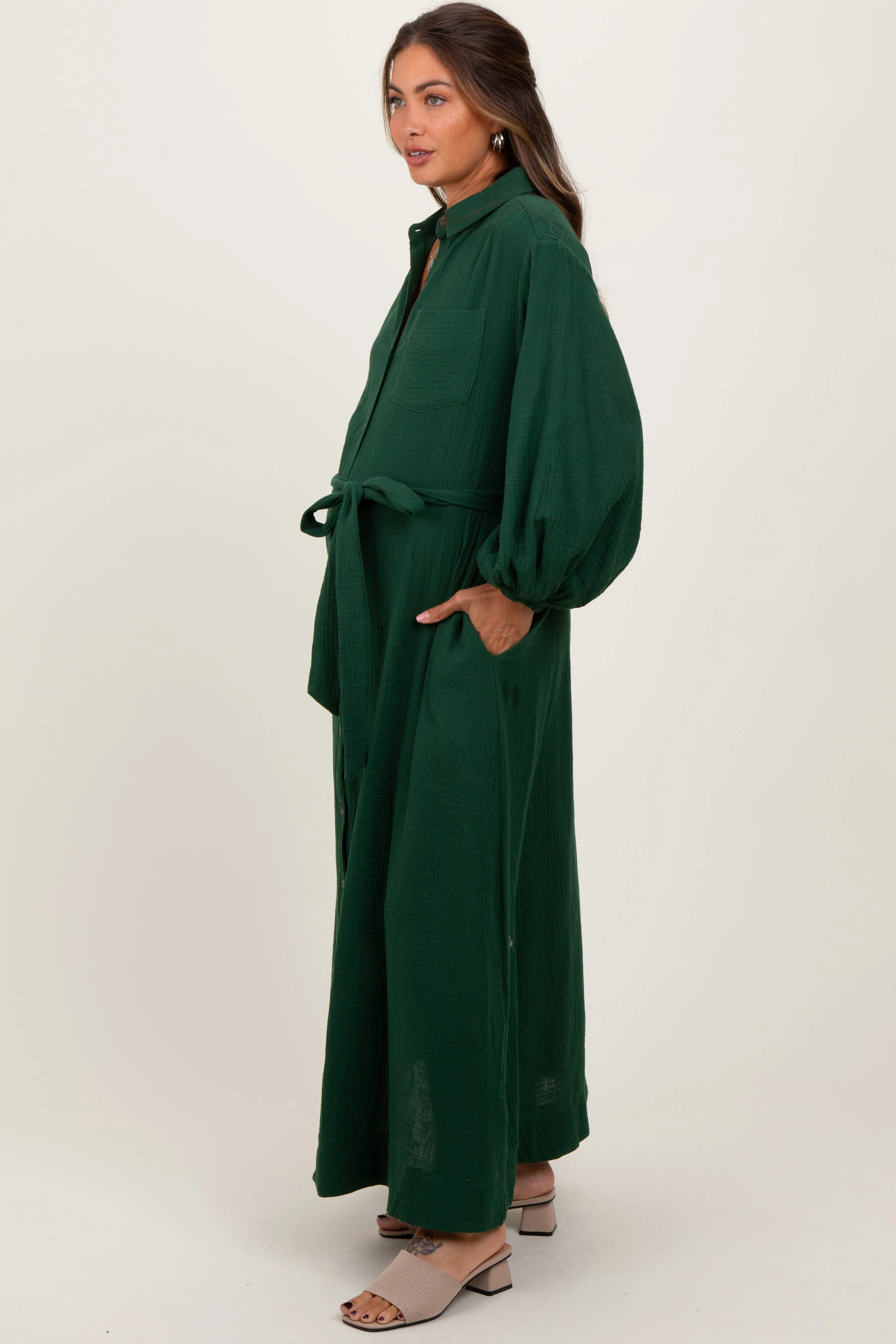 Dark Olive Gauze Belted Shirt Maternity Midi Dress sold by Pinkblush product image thumbnail 2
