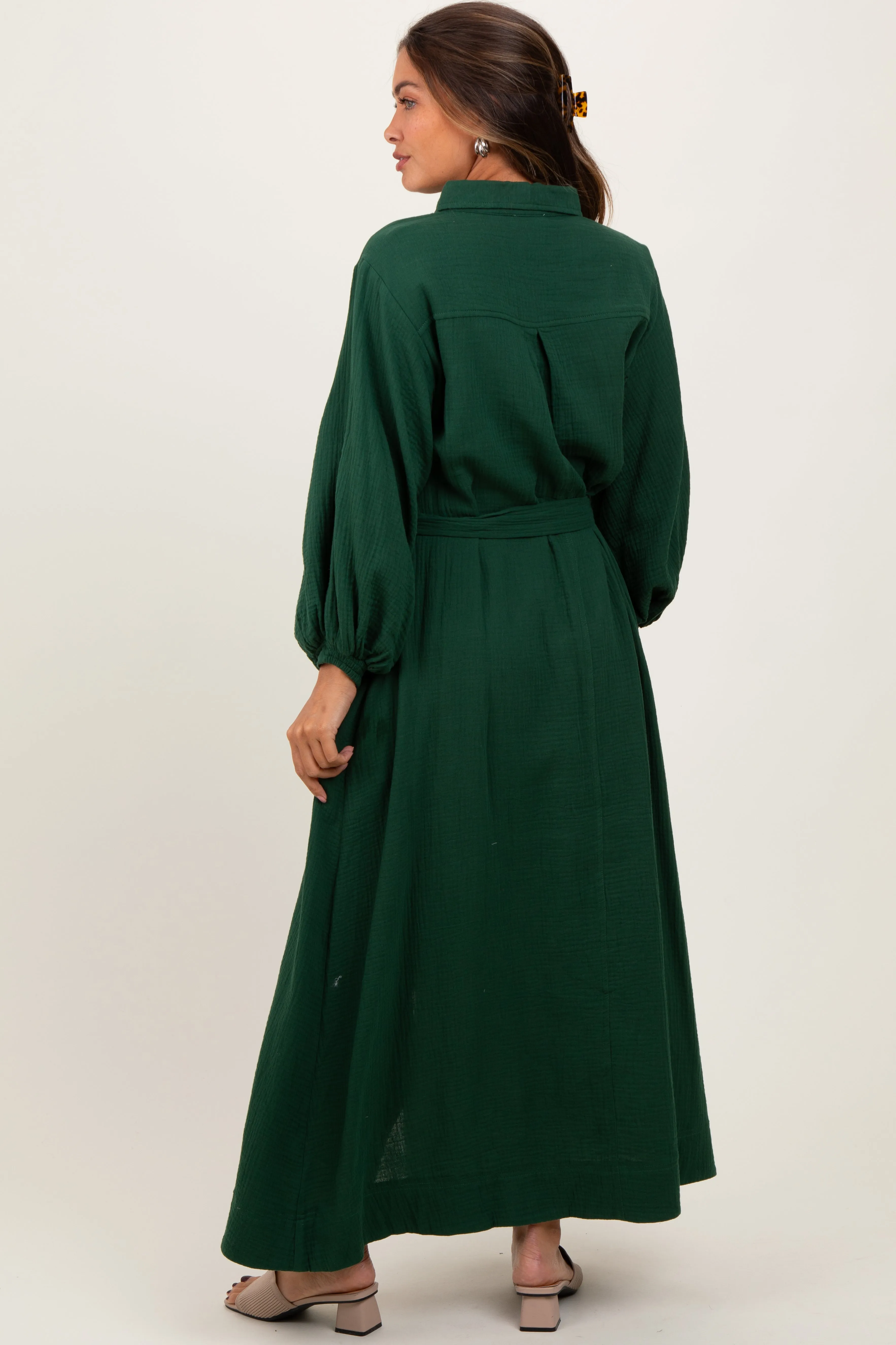Dark Olive Gauze Belted Shirt Maternity Midi Dress sold by Pinkblush product image thumbnail 3