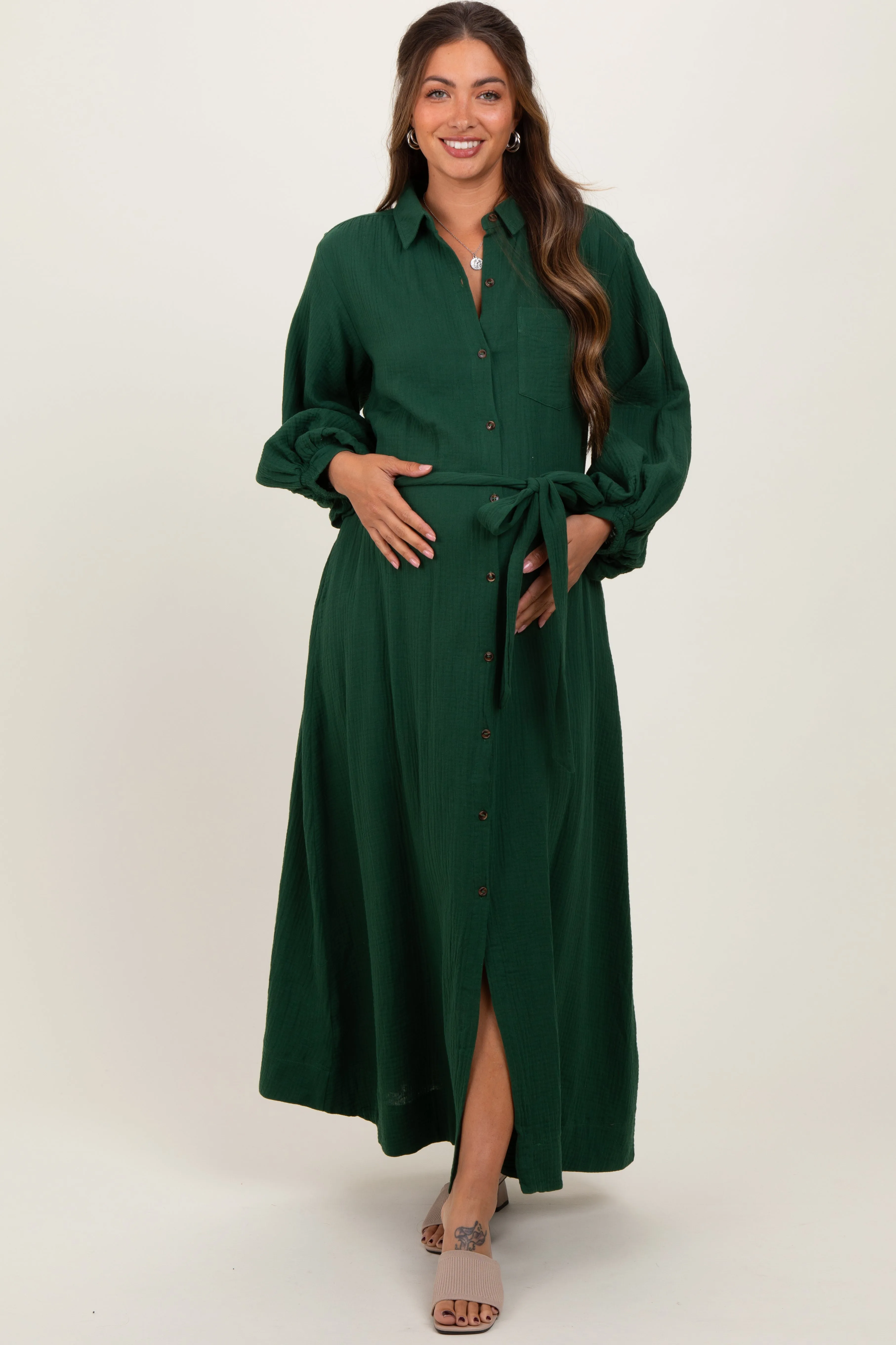 Dark Olive Gauze Belted Shirt Maternity Midi Dress sold by Pinkblush