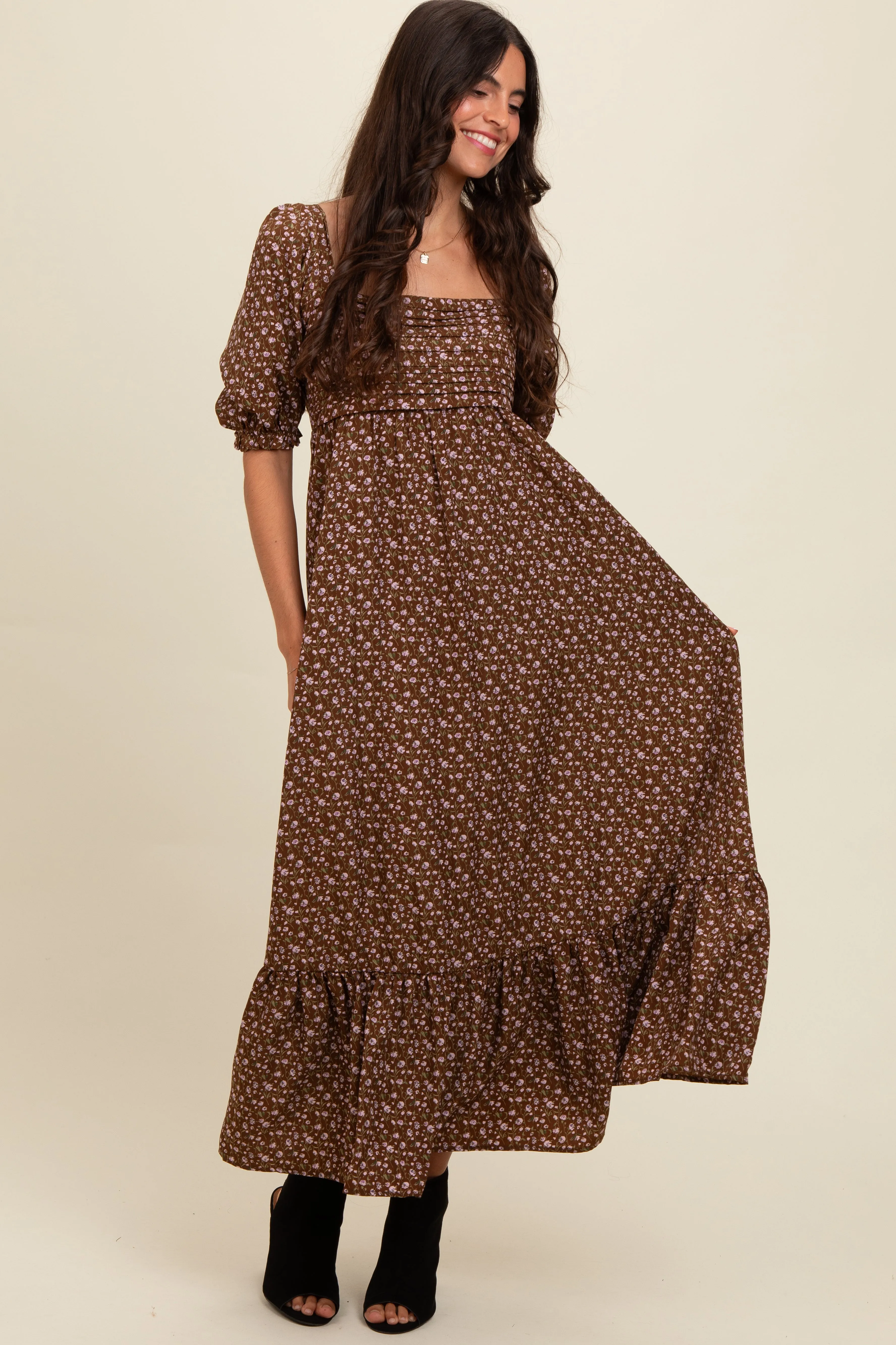 Mocha Floral Pleated Bodice Maxi Dress sold by Pinkblush