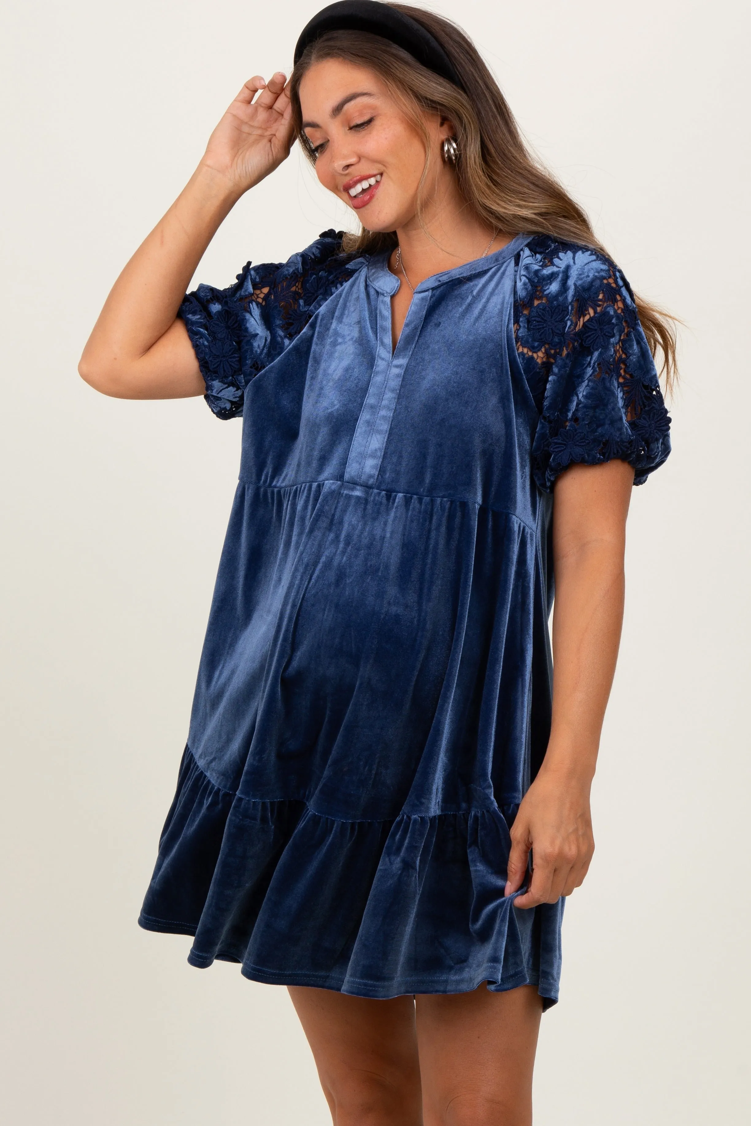 Blue Velvet Floral Lace Short Sleeve Maternity Dress sold by Pinkblush product image thumbnail 2