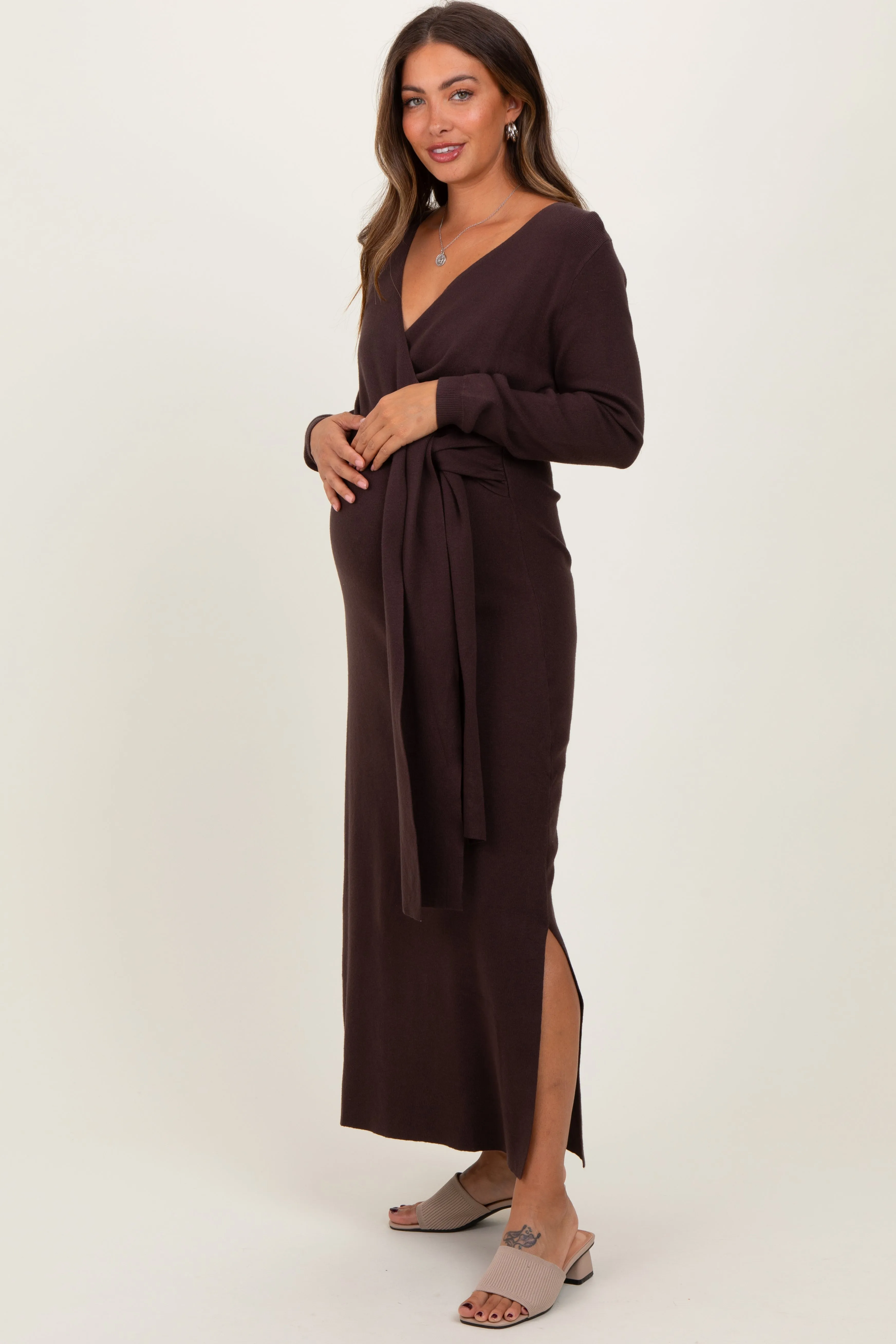 Brown Wrap Side Slit Midi Sweater Maternity Dress sold by Pinkblush