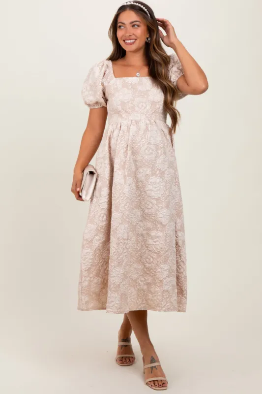 Beige Floral Jacquard Knit Puff Sleeves Maternity Midi Dress sold by Pinkblush
