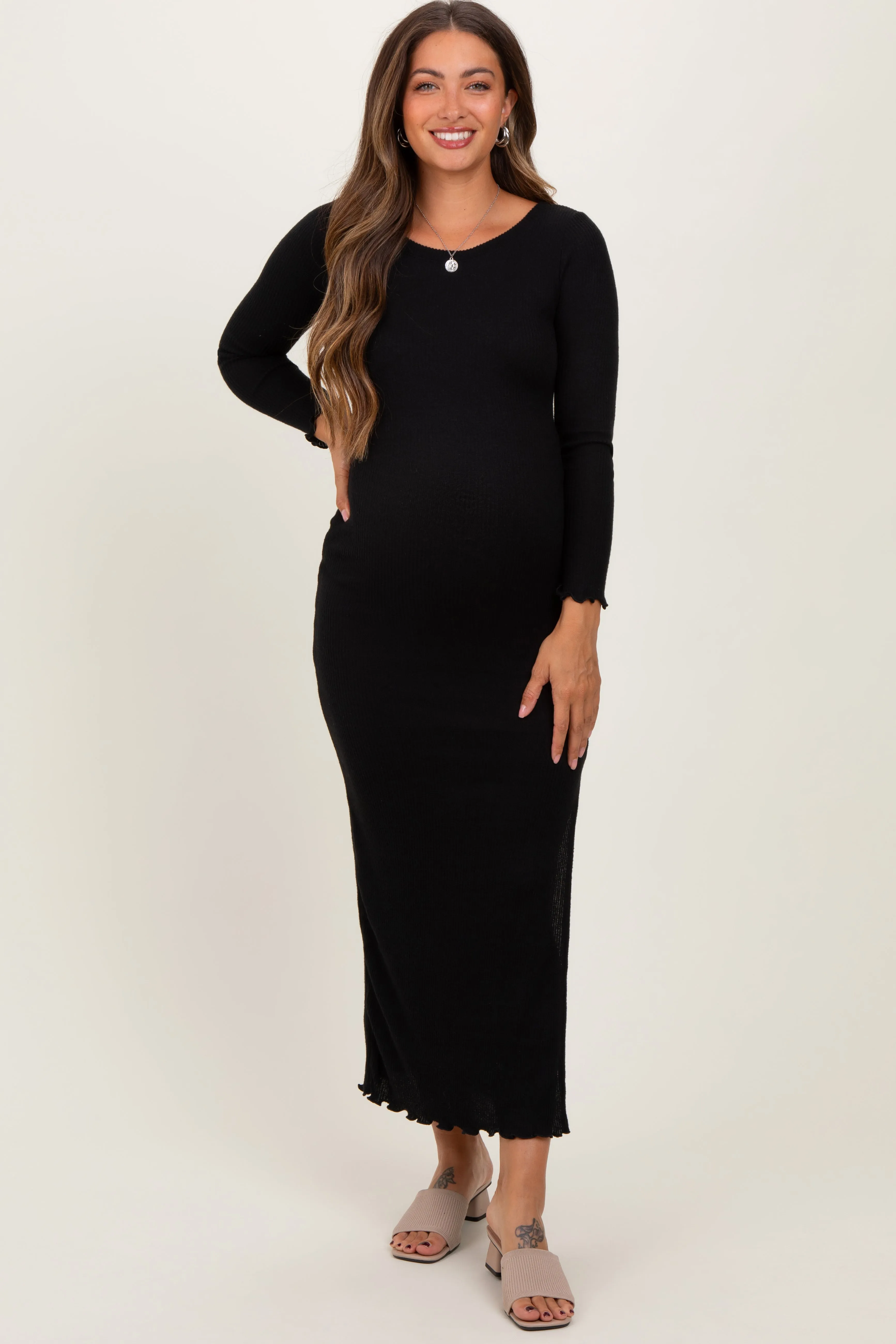 Black Knit Side Slit Lettuce Trim Maternity Maxi Dress sold by Pinkblush