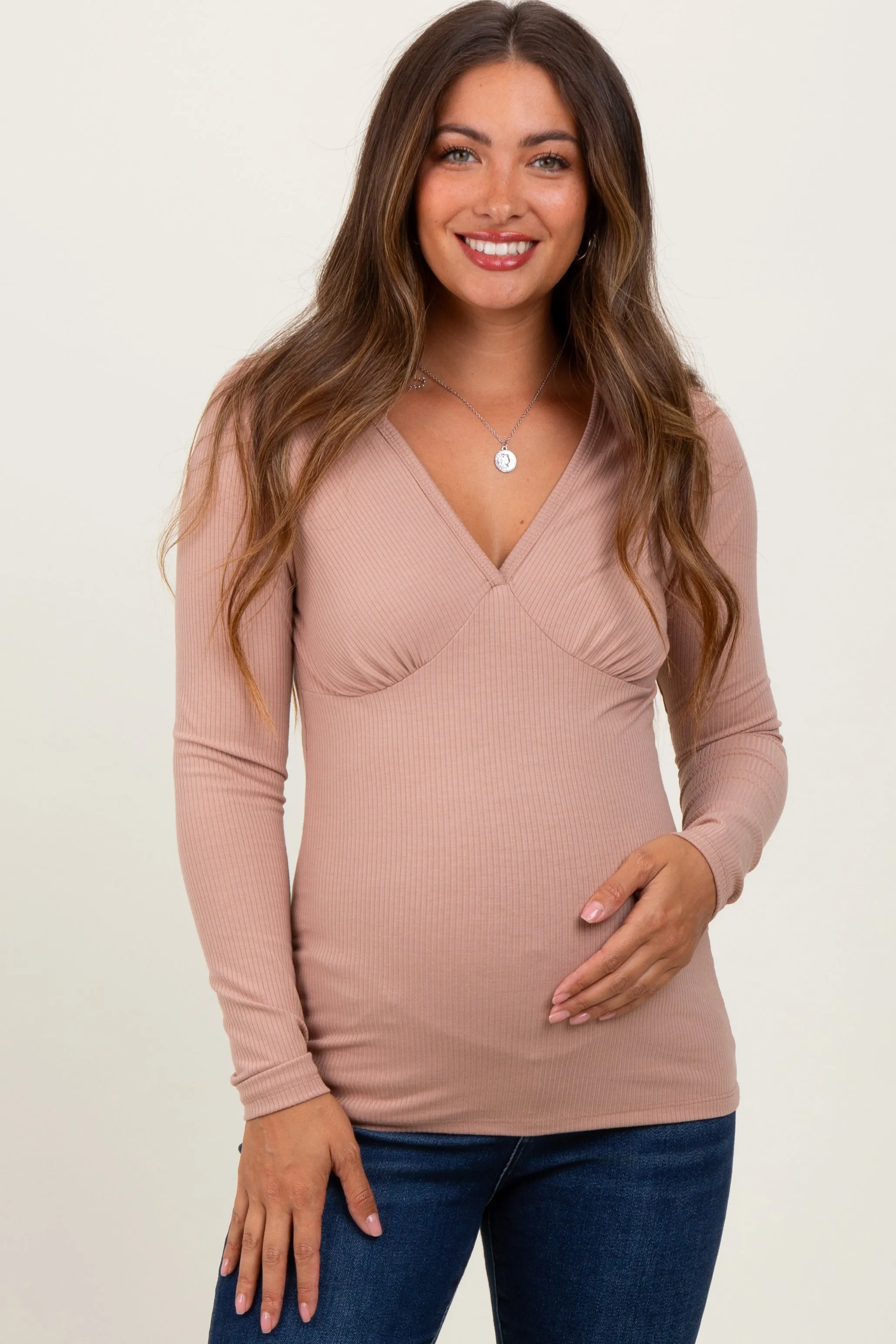 Beige Ribbed V-Neck Long Sleeve Maternity Top sold by Pinkblush