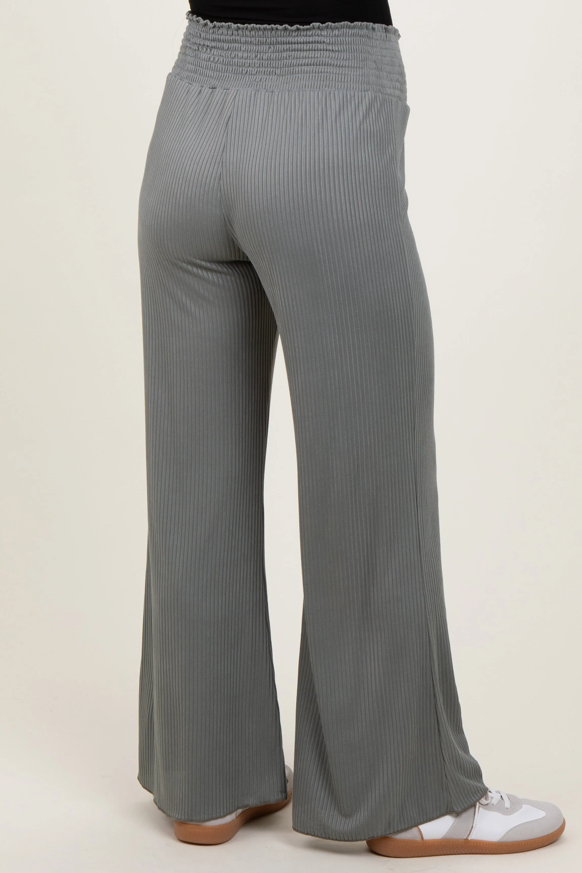 Olive Ribbed Smocked Waistband Wide Leg Maternity Pants sold by Pinkblush product image thumbnail 4