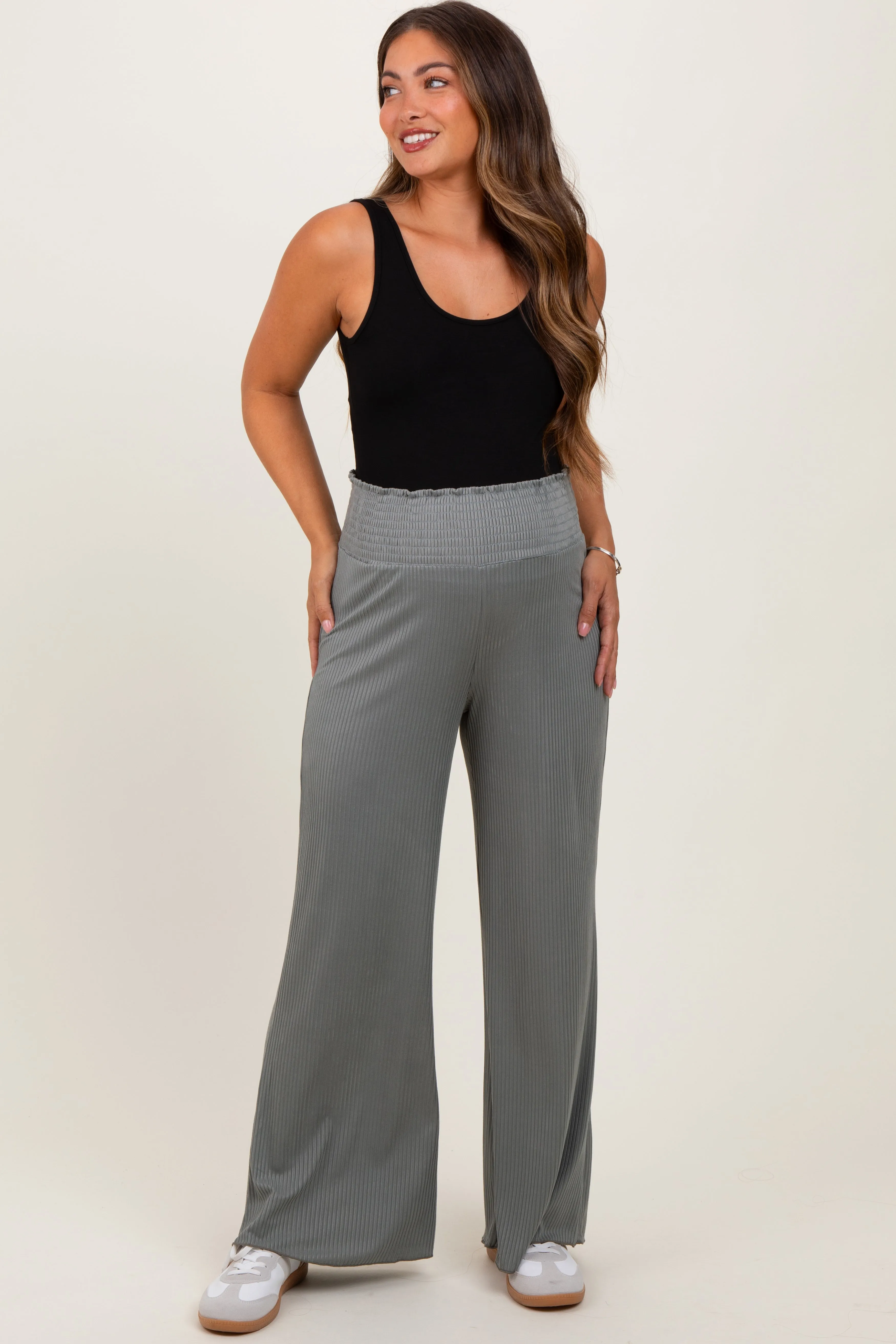 Olive Ribbed Smocked Waistband Wide Leg Maternity Pants sold by Pinkblush