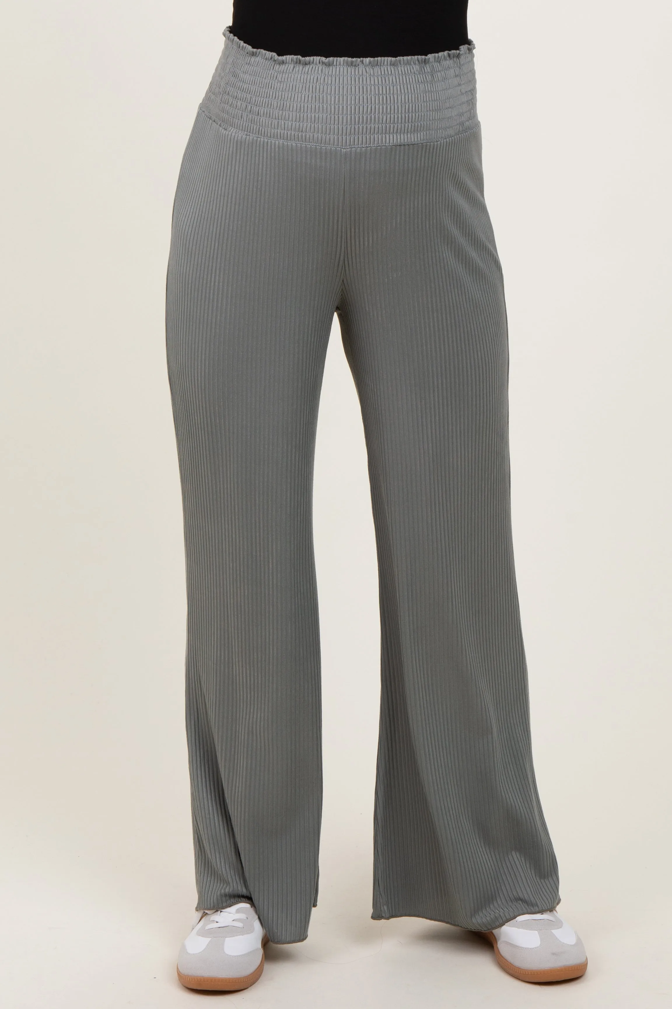 Olive Ribbed Smocked Waistband Wide Leg Maternity Pants sold by Pinkblush product image thumbnail 2