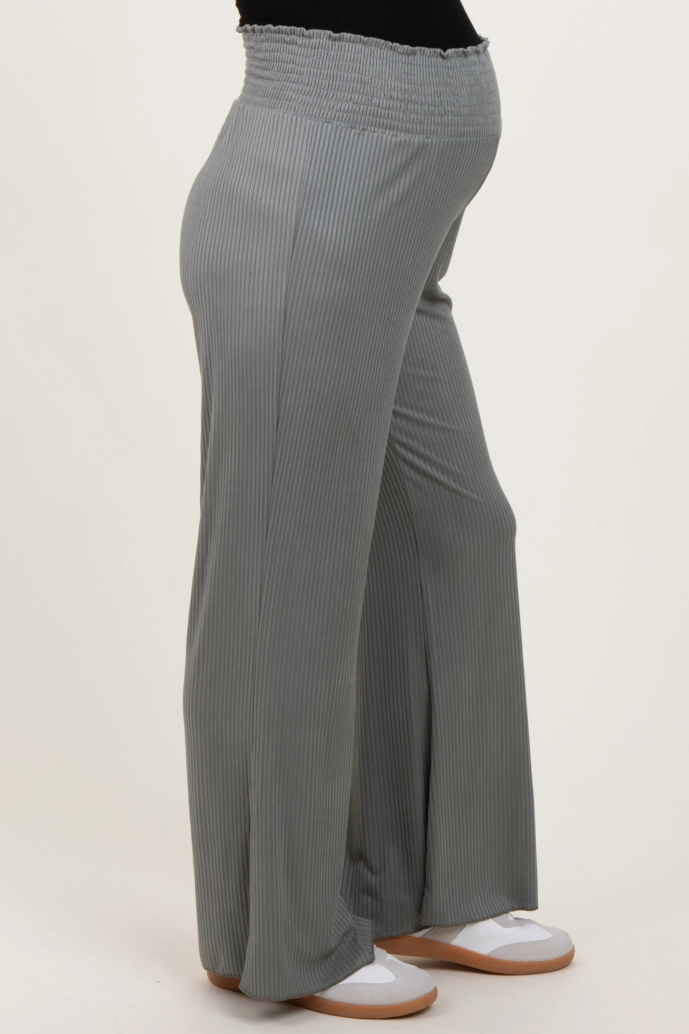 Olive Ribbed Smocked Waistband Wide Leg Maternity Pants sold by Pinkblush product image thumbnail 3