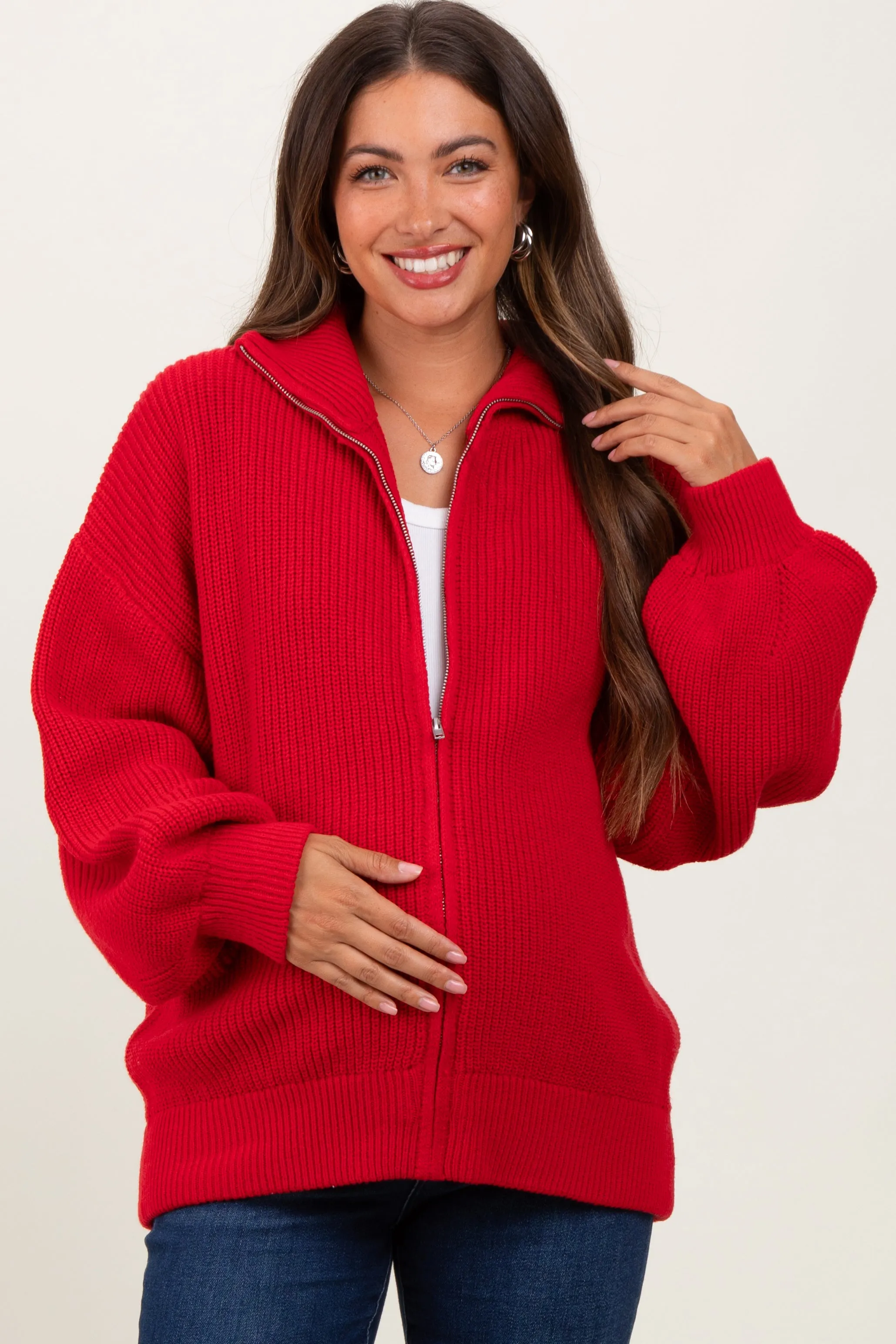 Red Oversized Zip Up Maternity Cardigan sold by Pinkblush