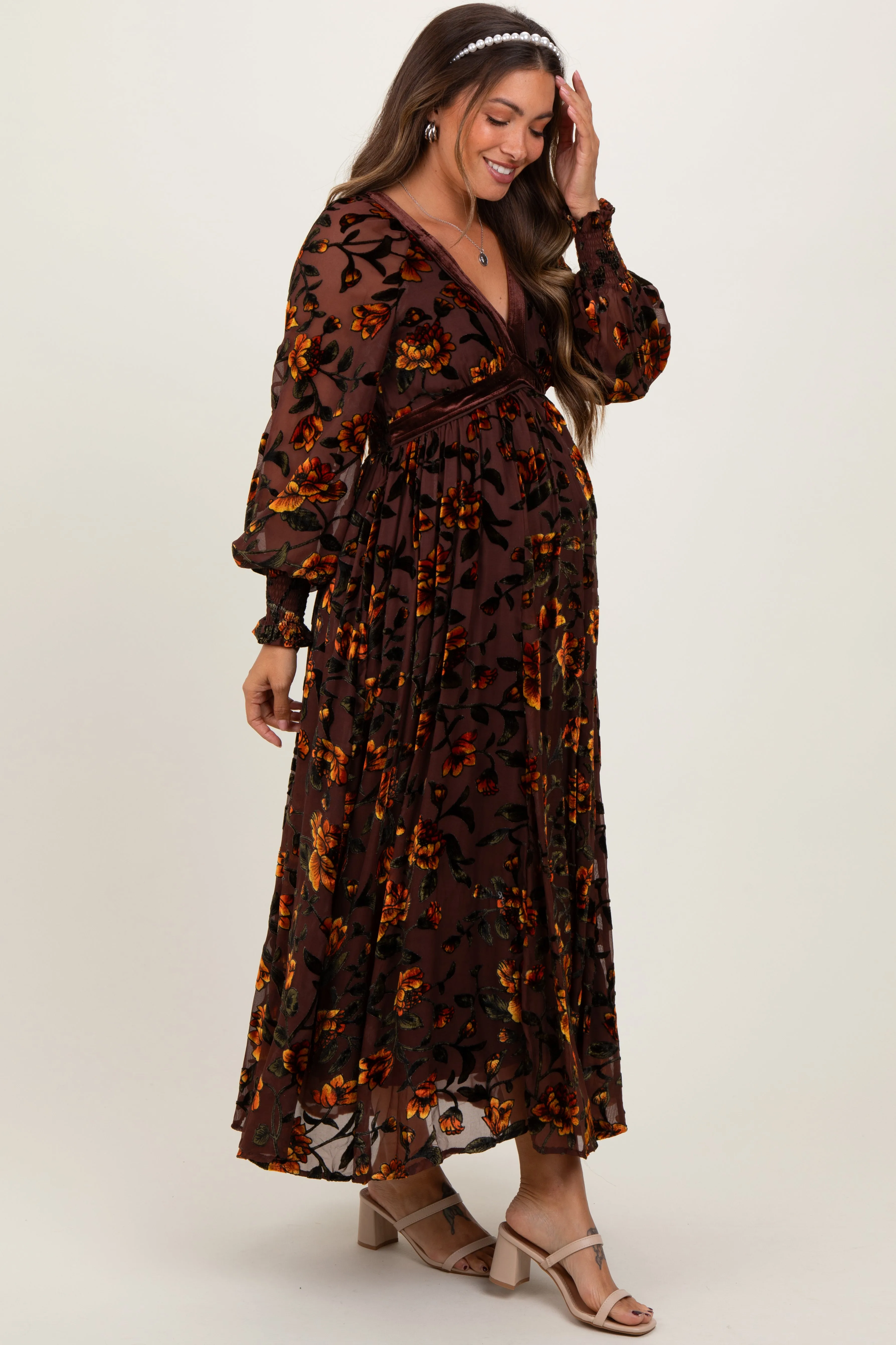 Yellow Rose Print Velvet Mesh Overlay Maternity Maxi Dress sold by Pinkblush product image thumbnail 3