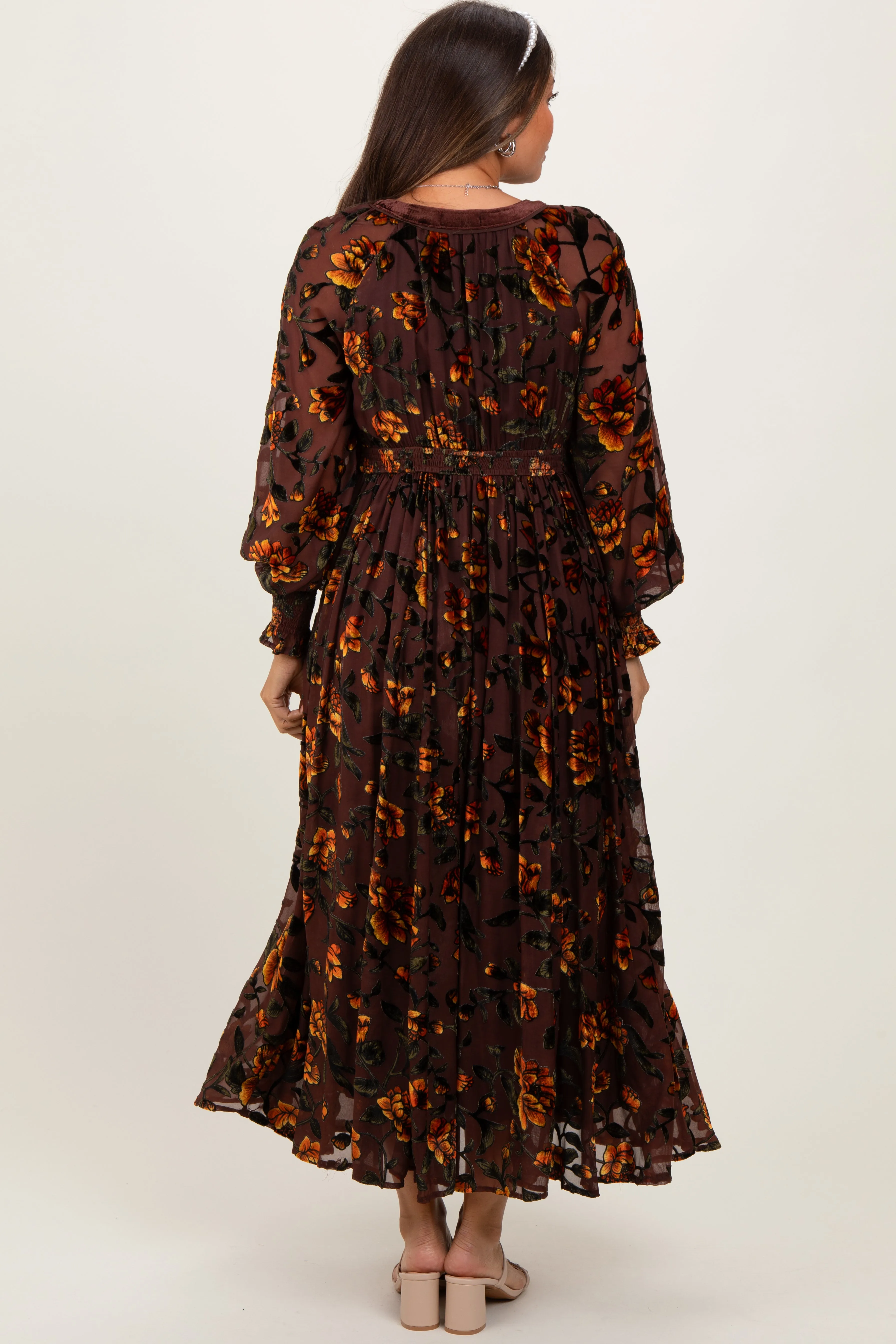 Yellow Rose Print Velvet Mesh Overlay Maternity Maxi Dress sold by Pinkblush product image thumbnail 4