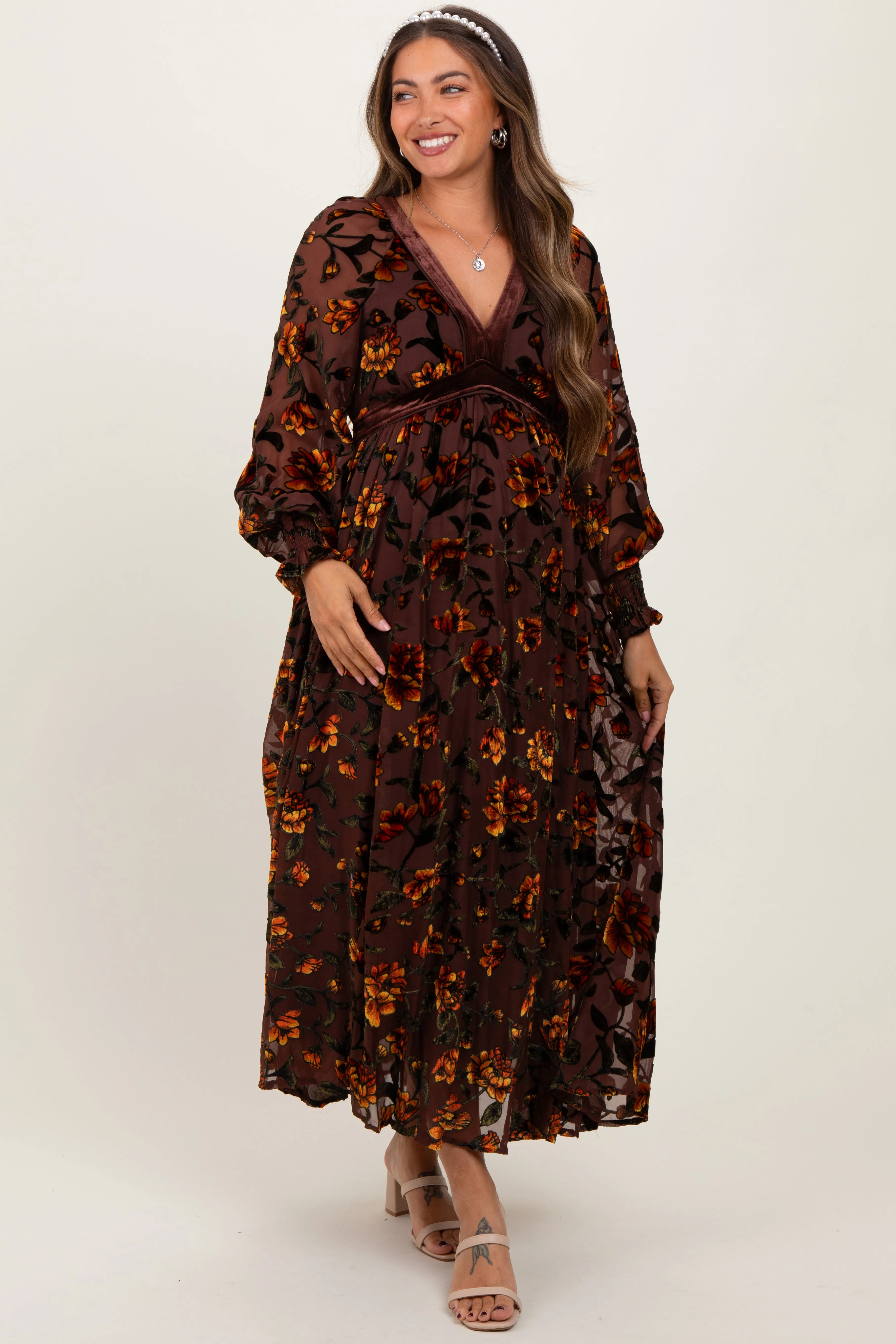 Yellow Rose Print Velvet Mesh Overlay Maternity Maxi Dress sold by Pinkblush product image thumbnail 2