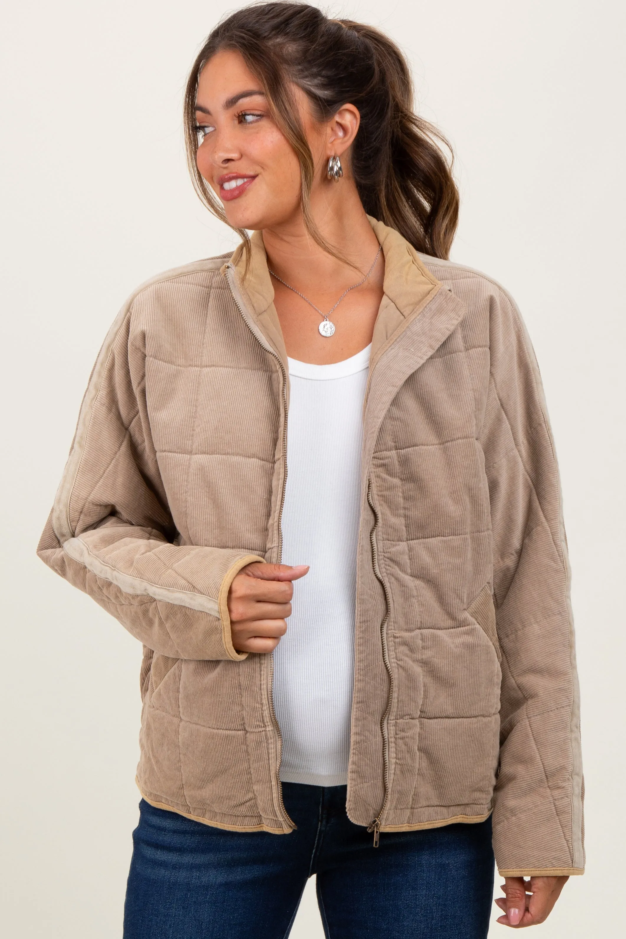 Light Taupe Quilted Corduroy Maternity Puffer Jacket sold by Pinkblush