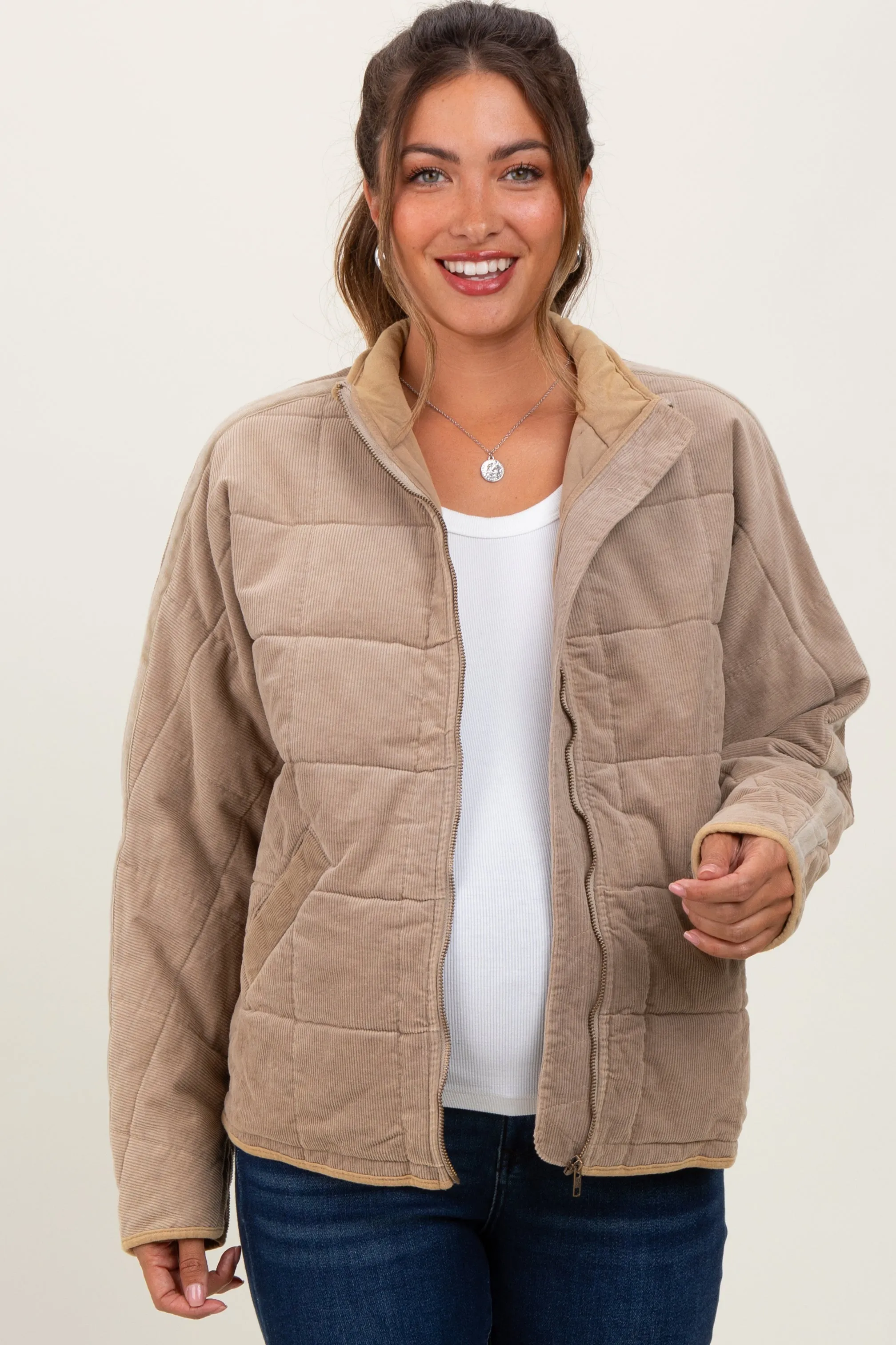 Light Taupe Quilted Corduroy Maternity Puffer Jacket sold by Pinkblush product image thumbnail 2