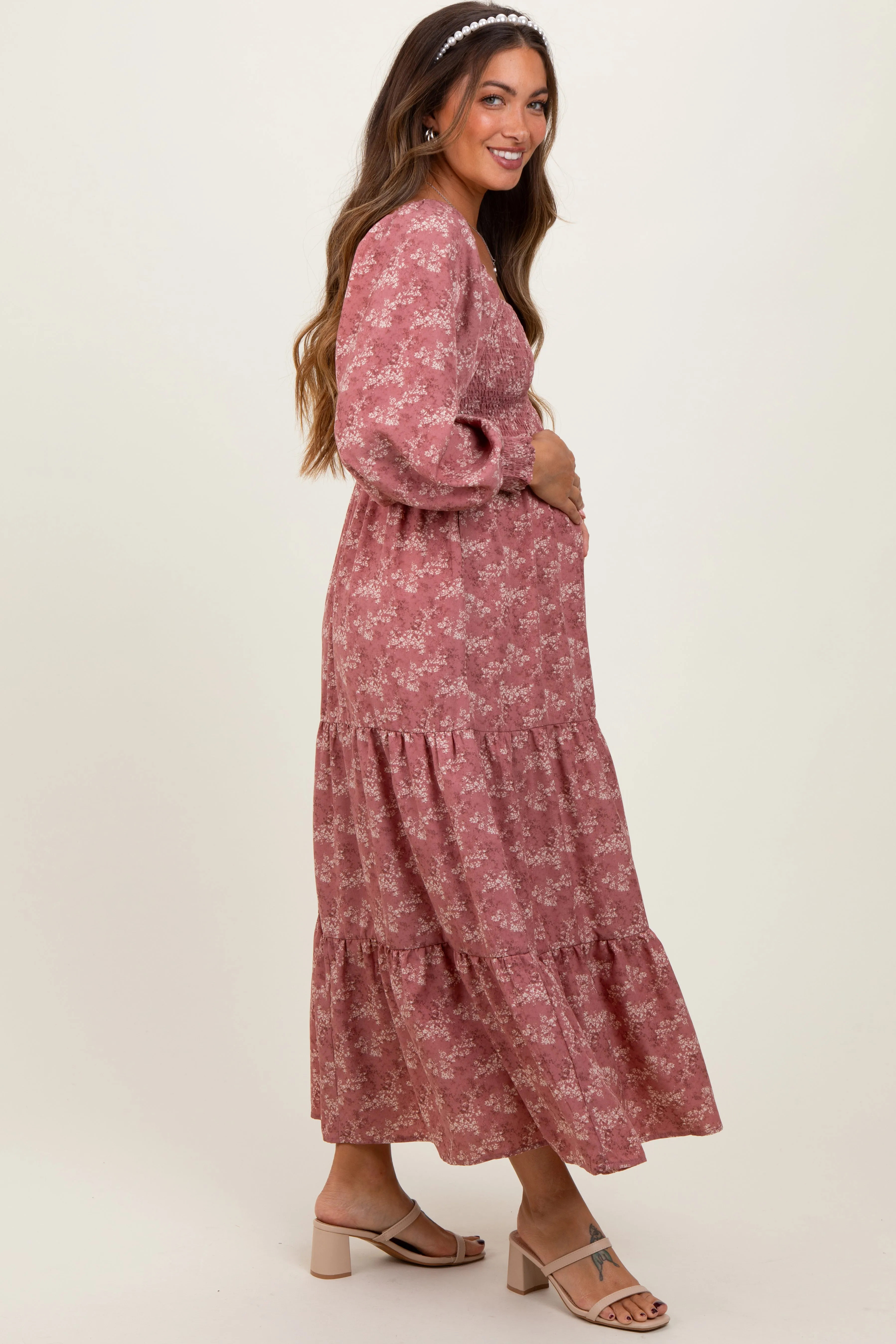 Mauve Floral Smocked Square Neck Maternity Maxi Dress sold by Pinkblush product image thumbnail 3