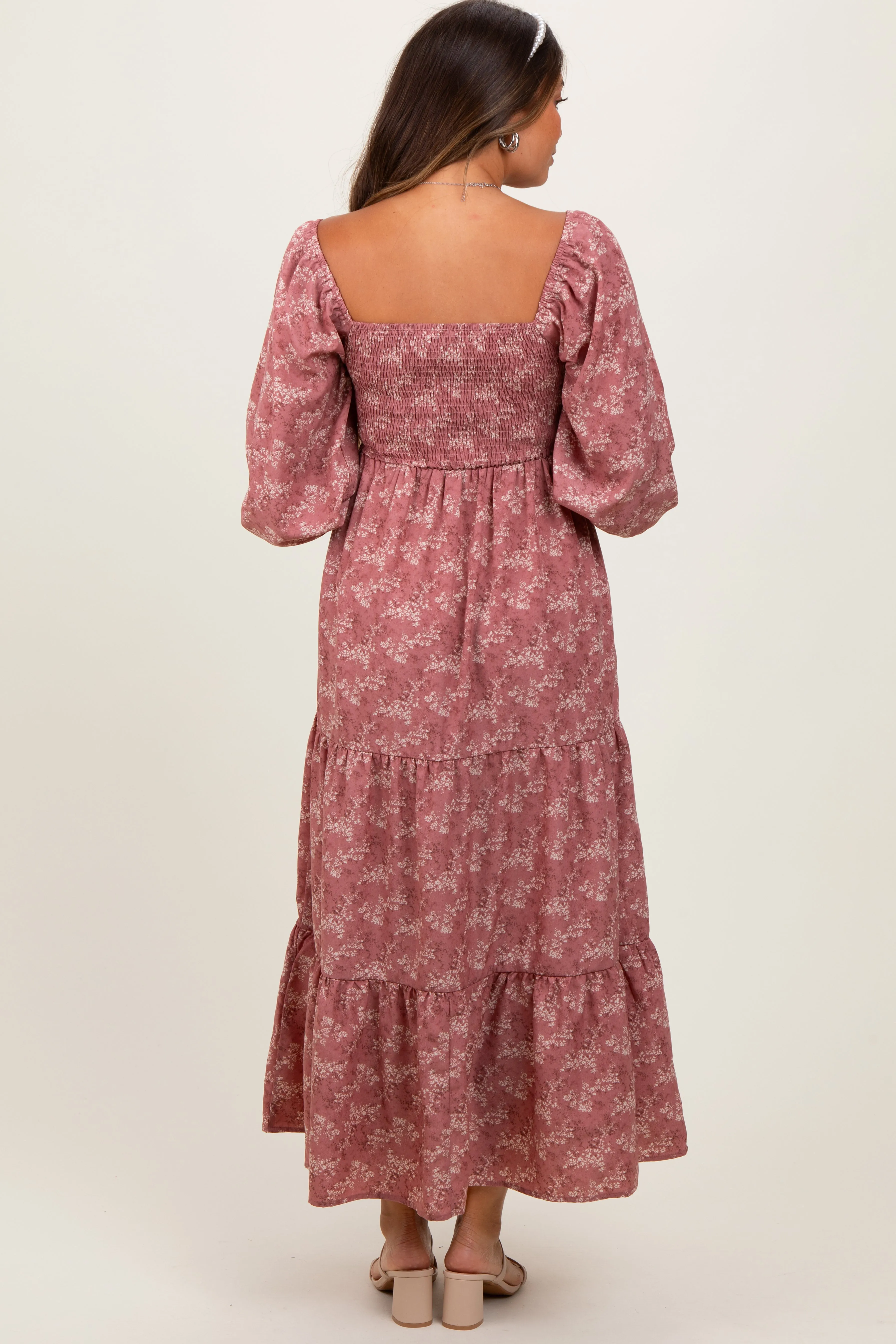 Mauve Floral Smocked Square Neck Maternity Maxi Dress sold by Pinkblush product image thumbnail 4