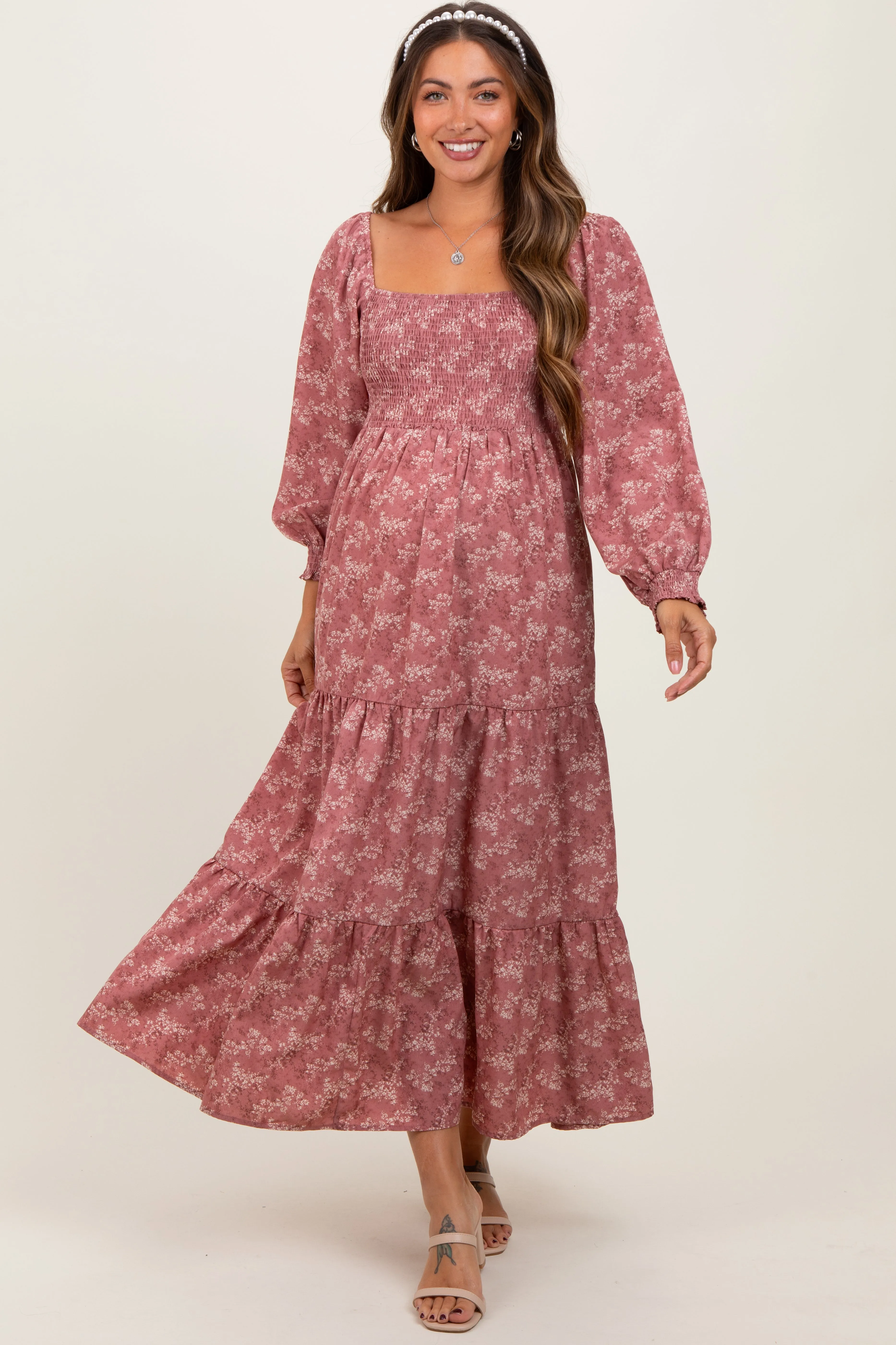 Mauve Floral Smocked Square Neck Maternity Maxi Dress sold by Pinkblush