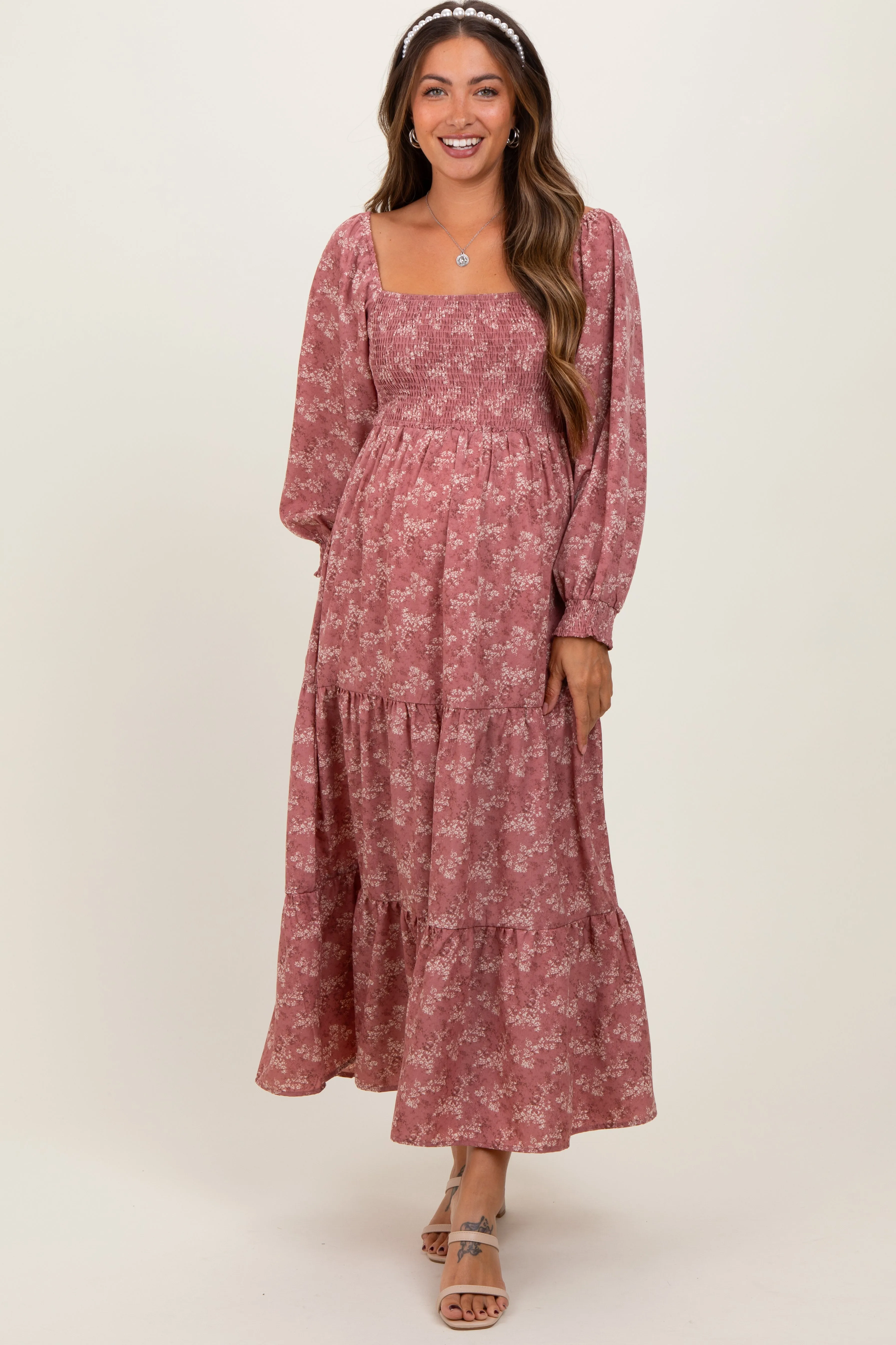 Mauve Floral Smocked Square Neck Maternity Maxi Dress sold by Pinkblush product image thumbnail 2