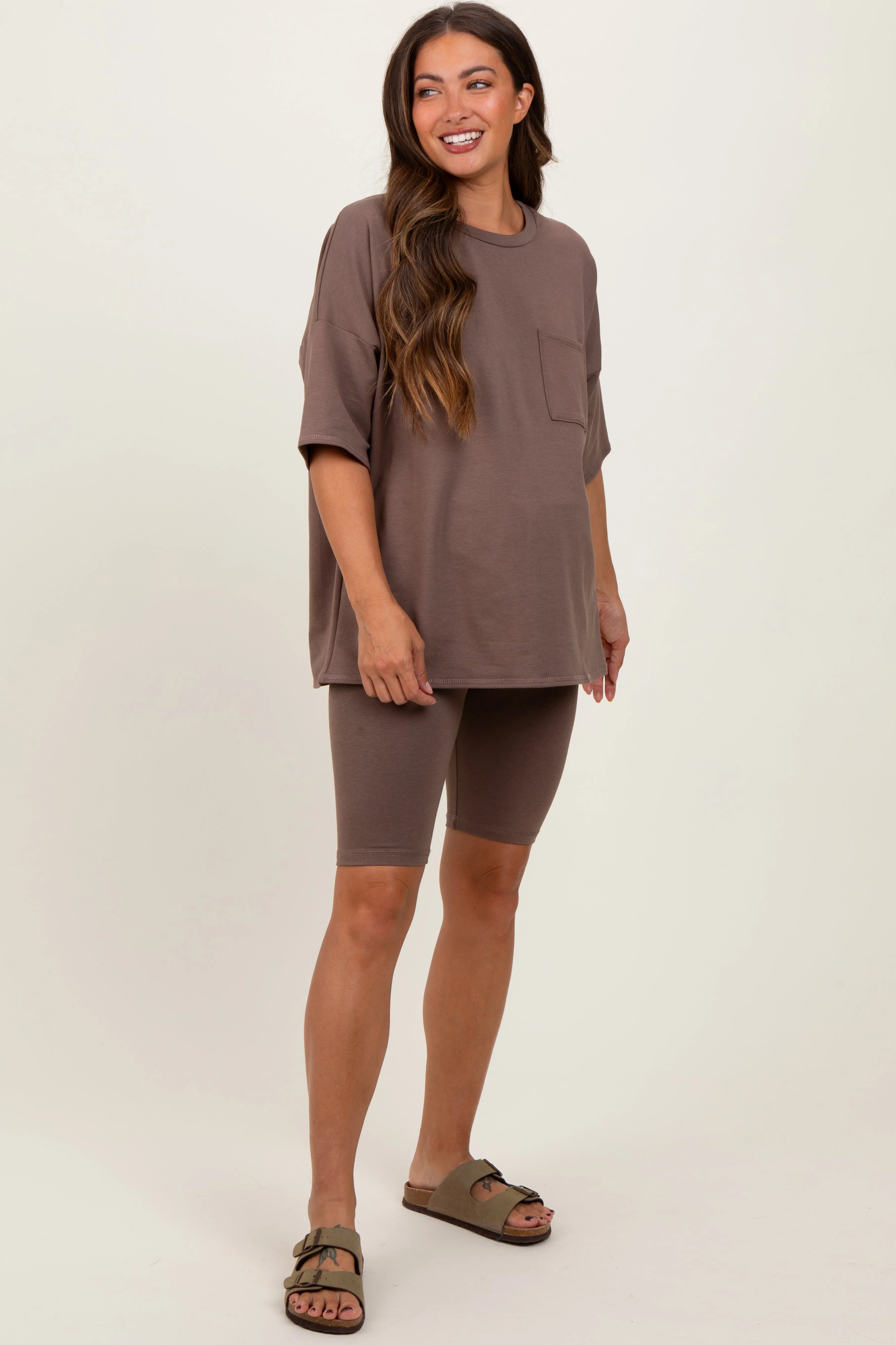 Brown Oversized Short Sleeve Biker Short Maternity Set sold by Pinkblush product image thumbnail 2
