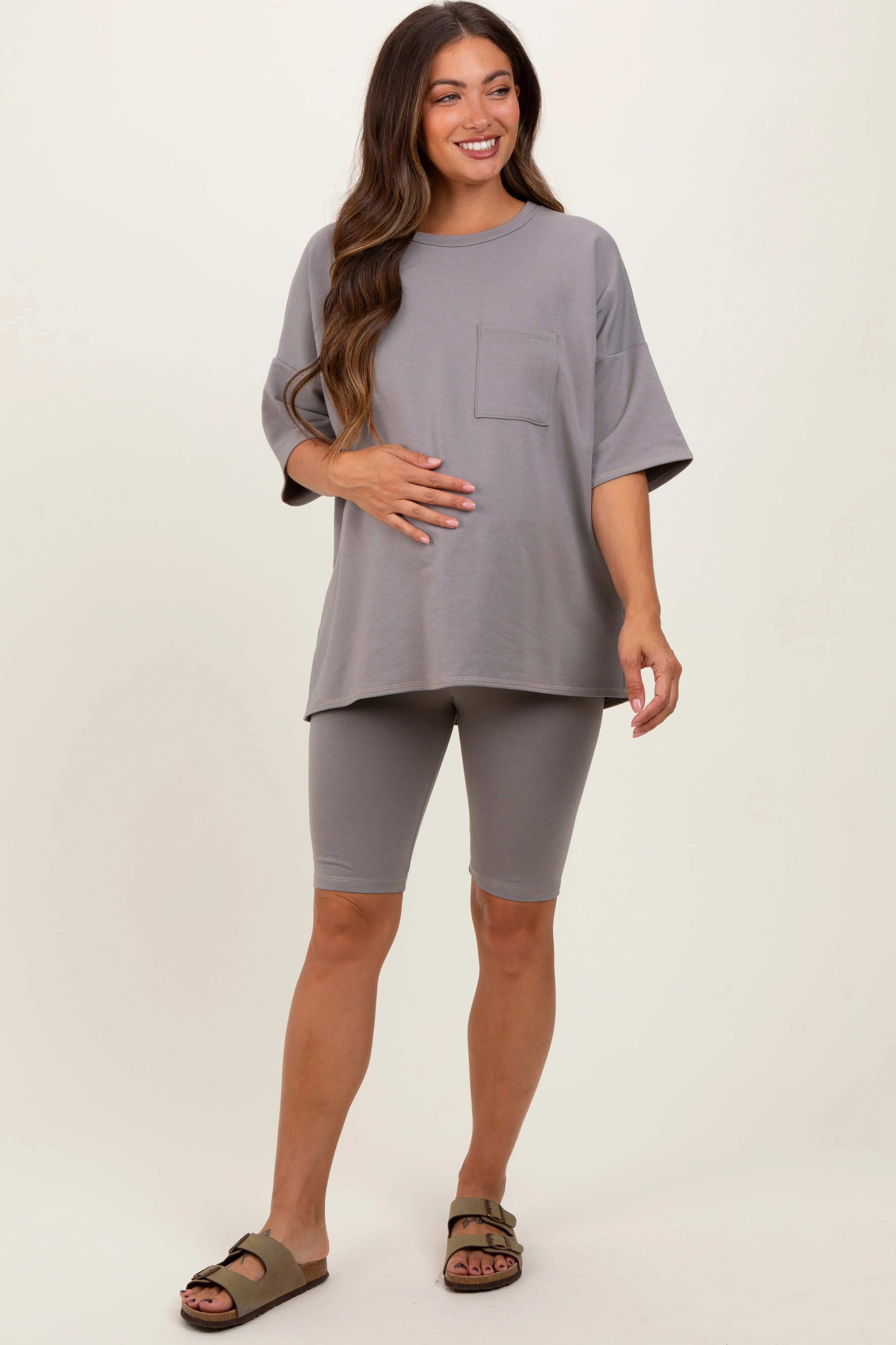 Mocha Oversized Short Sleeve Biker Short Maternity Set sold by Pinkblush