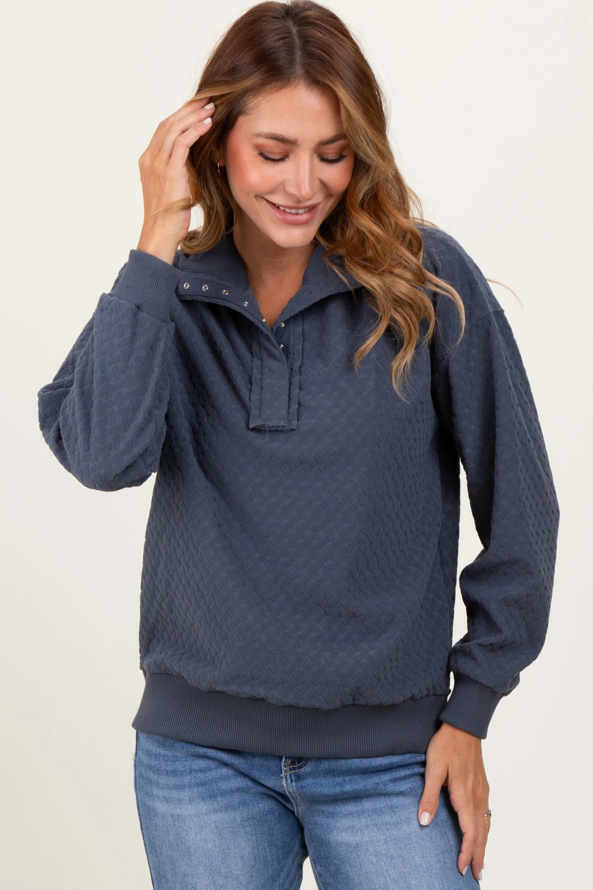 Charcoal Quilted Knit Snap Collar Maternity Pullover Top sold by Pinkblush product image thumbnail 4