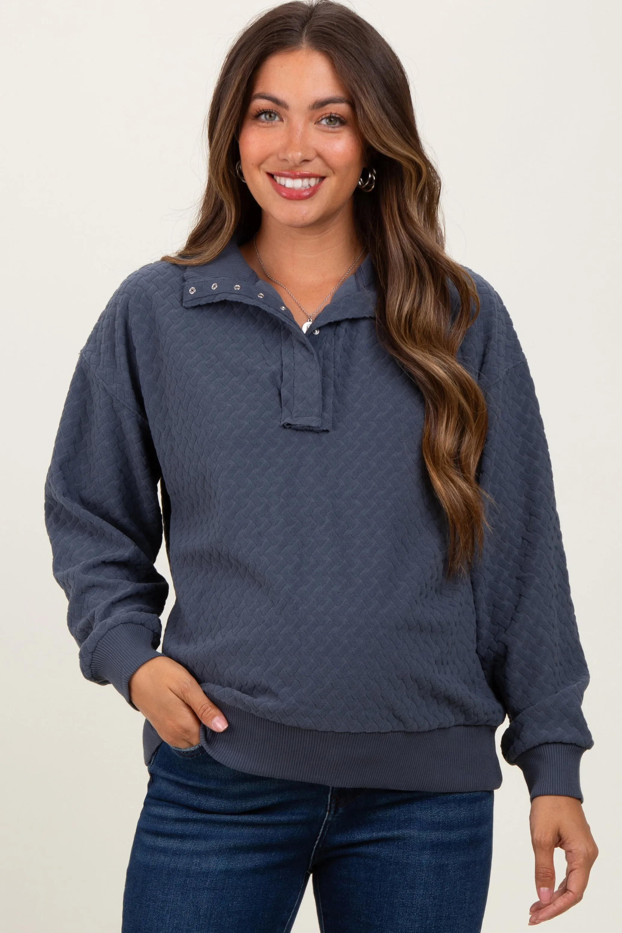 Charcoal Quilted Knit Snap Collar Maternity Pullover Top sold by Pinkblush