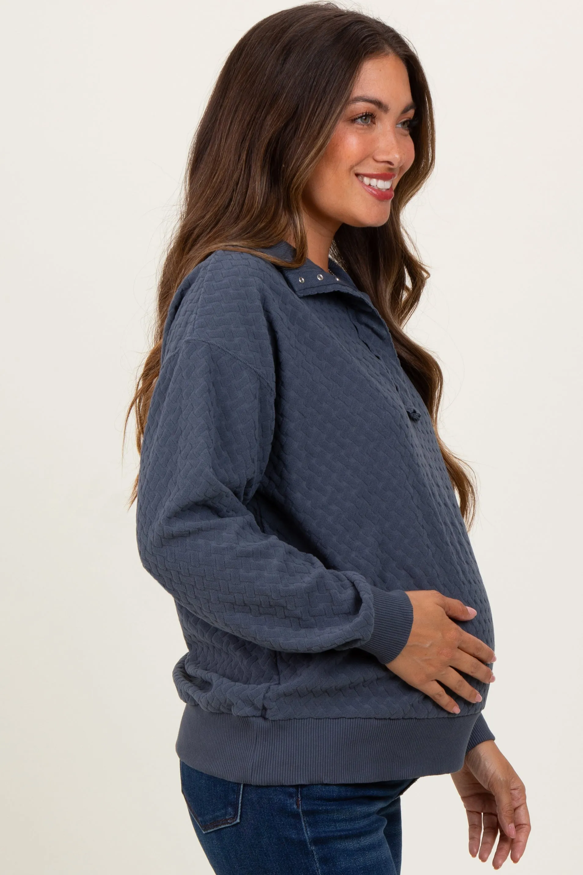 Charcoal Quilted Knit Snap Collar Maternity Pullover Top sold by Pinkblush product image thumbnail 2