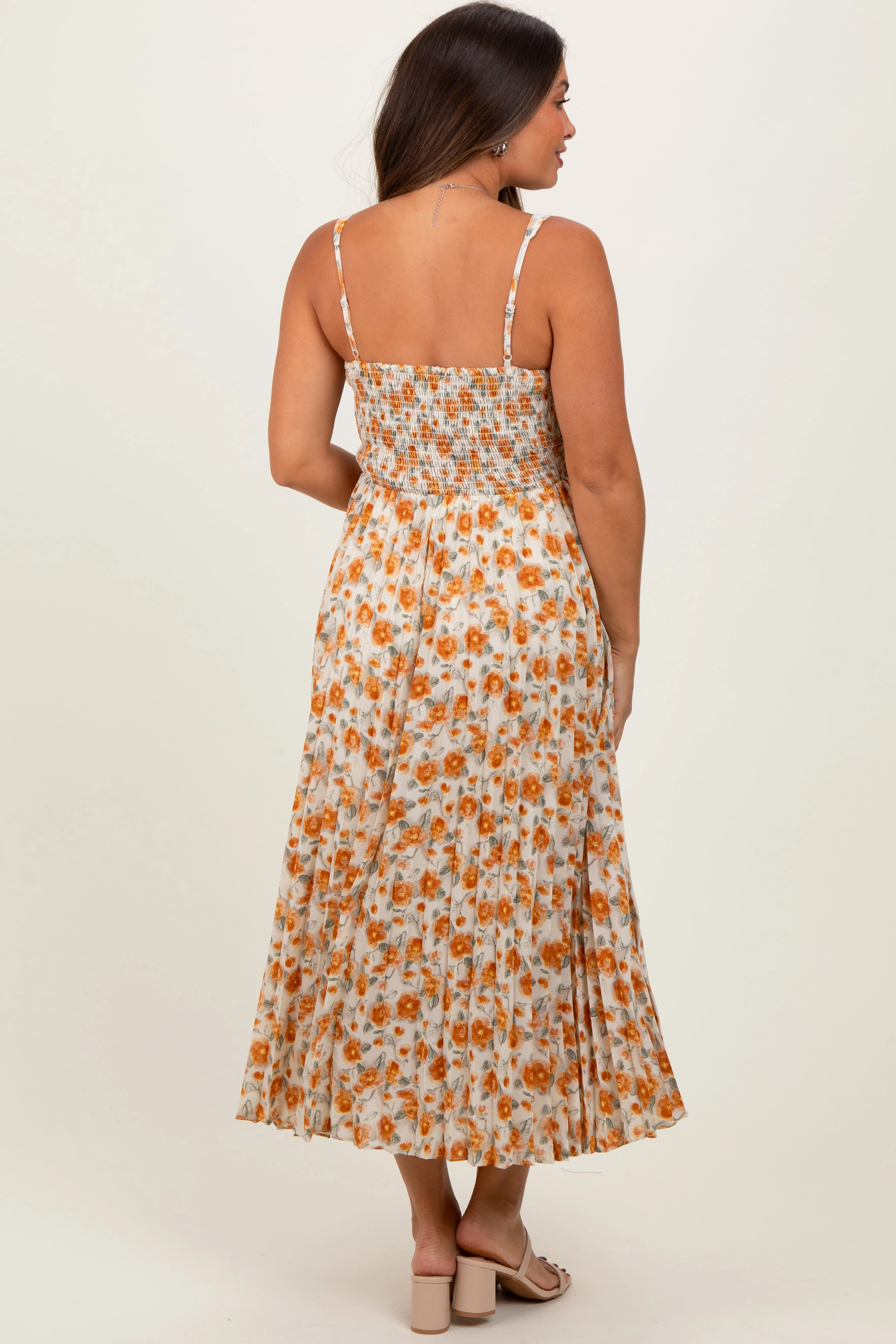 Peach Floral Pleated Maternity Midi Dress sold by Pinkblush product image thumbnail 4
