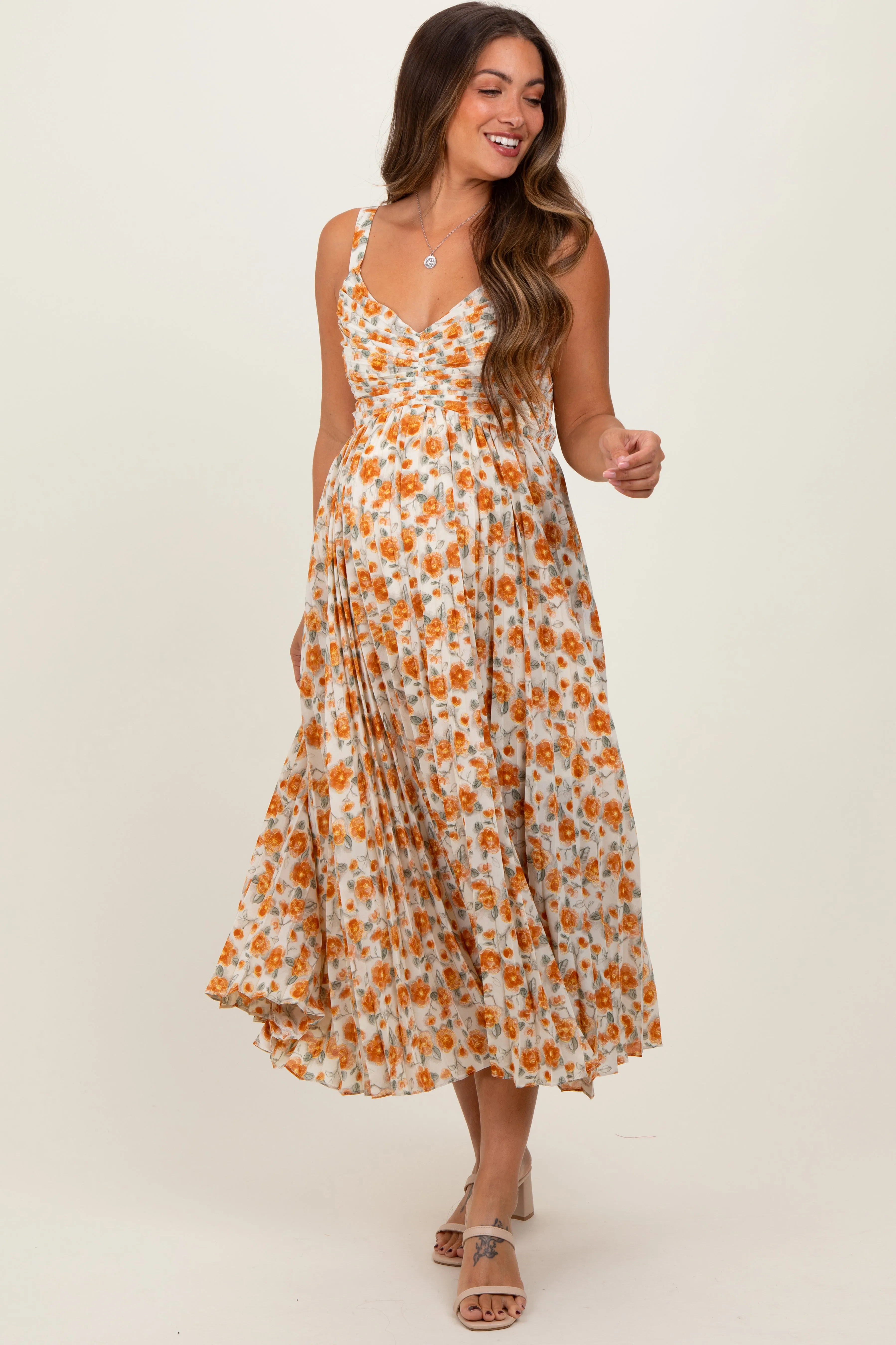 Peach Floral Pleated Maternity Midi Dress sold by Pinkblush product image thumbnail 2
