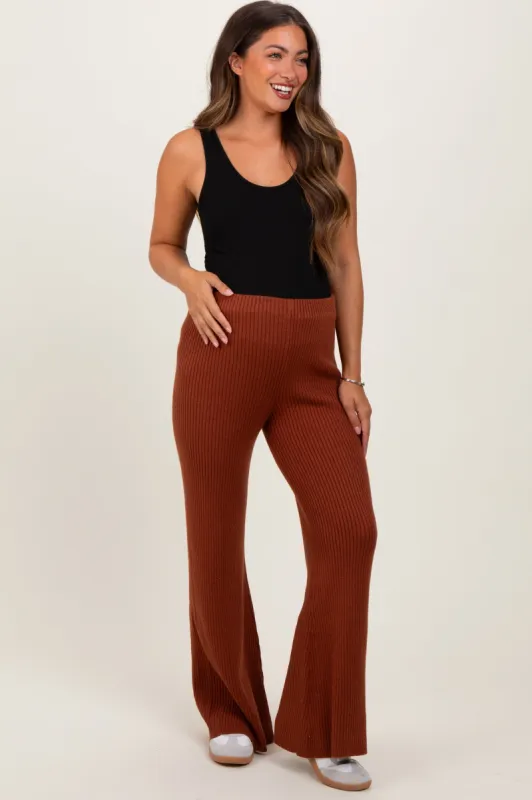 Rust Ribbed Knit Maternity Flare Pants sold by Pinkblush