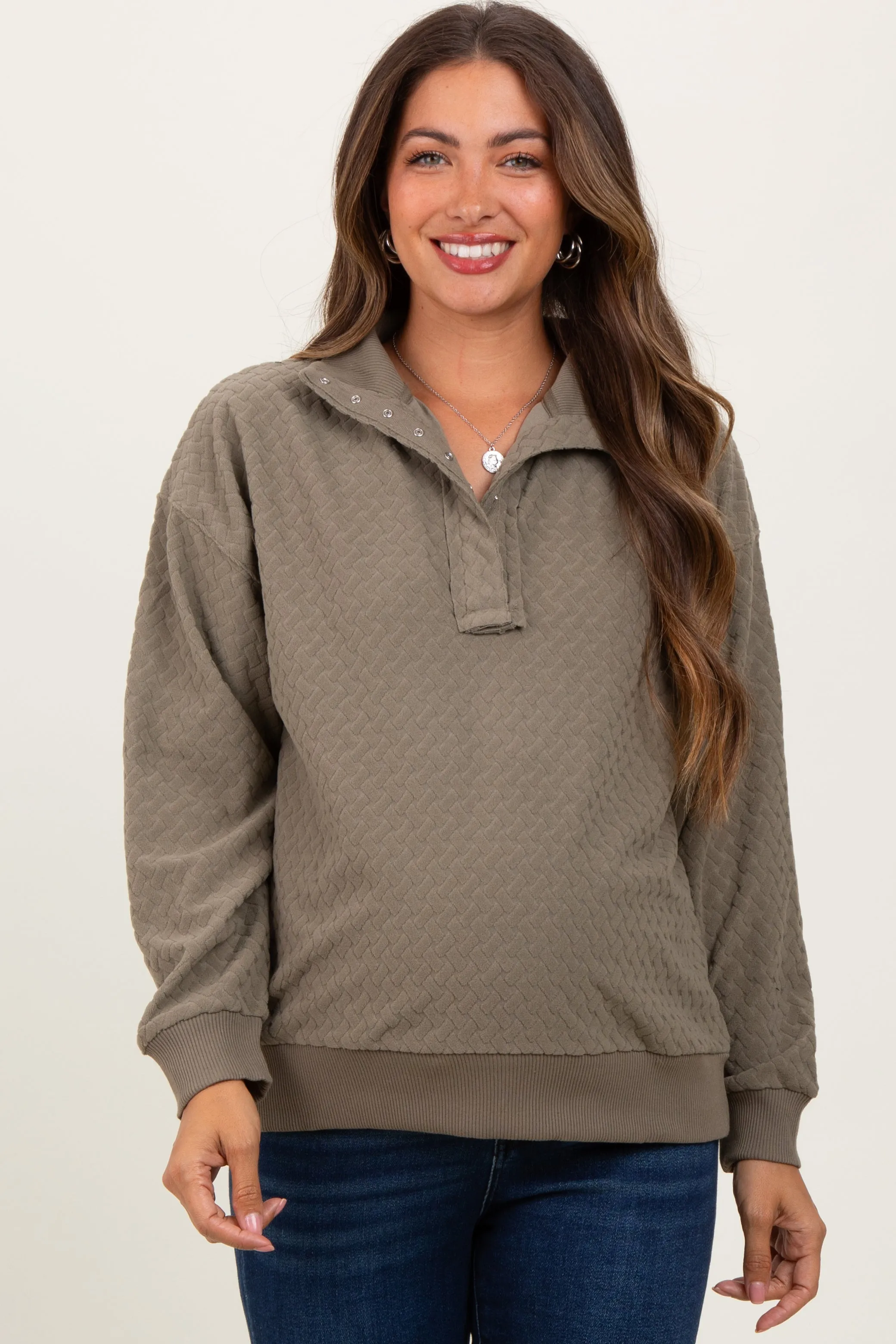 Olive Quilted Knit Snap Collar Maternity Pullover Top sold by Pinkblush product image thumbnail 2