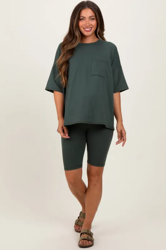 Hunter Green Oversized Short Sleeve Biker Short Maternity Set sold by Pinkblush
