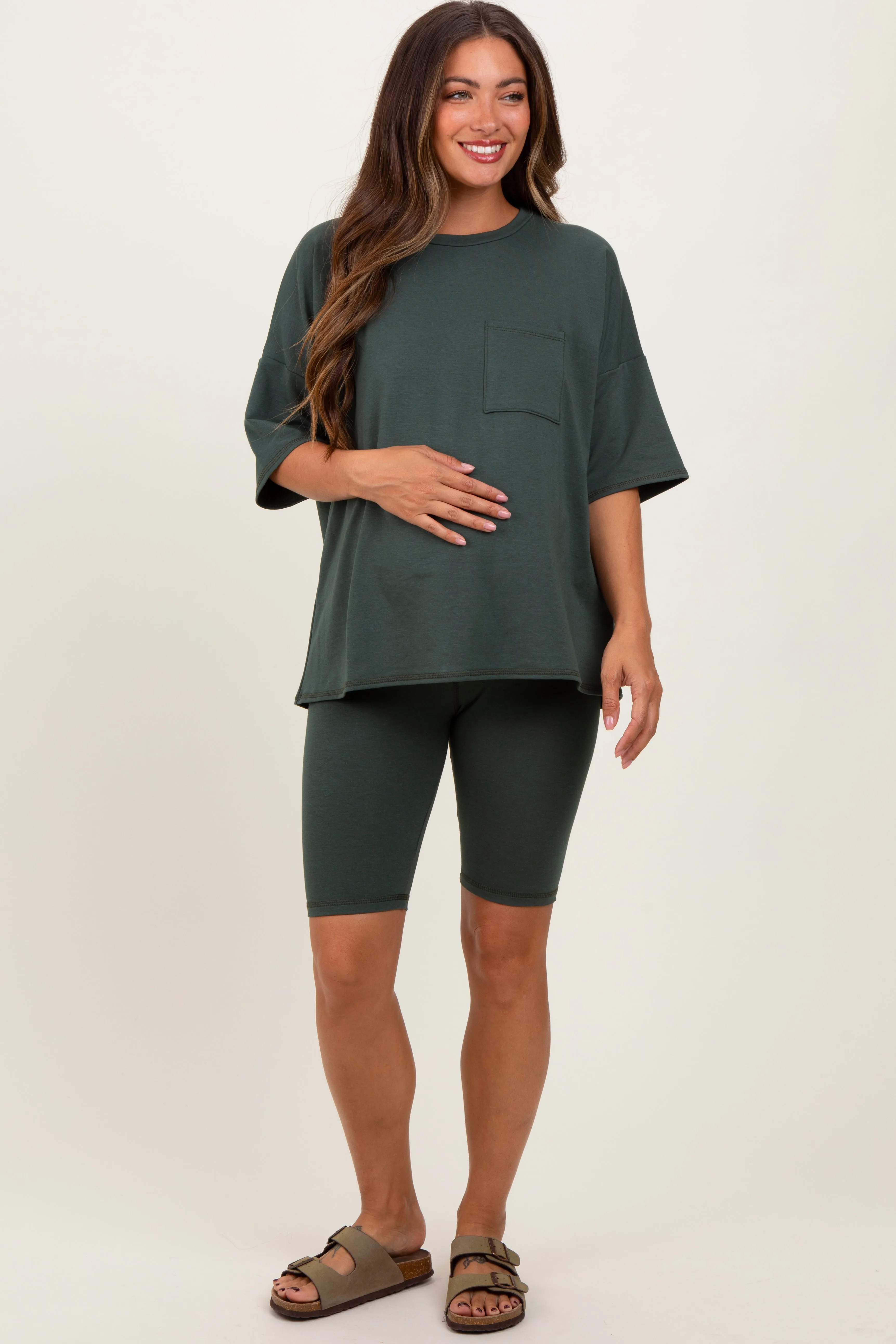Hunter Green Oversized Short Sleeve Biker Short Maternity Set sold by Pinkblush product image thumbnail 2