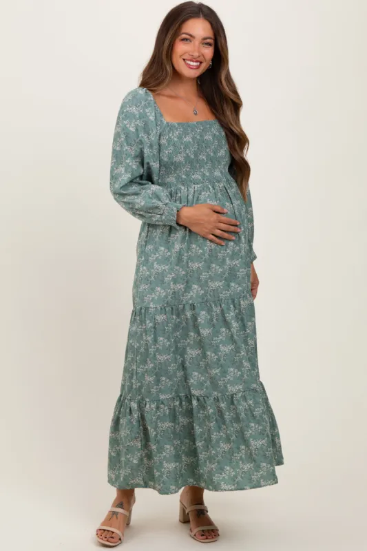 Light Olive Floral Smocked Square Neck Maternity Maxi Dress sold by Pinkblush