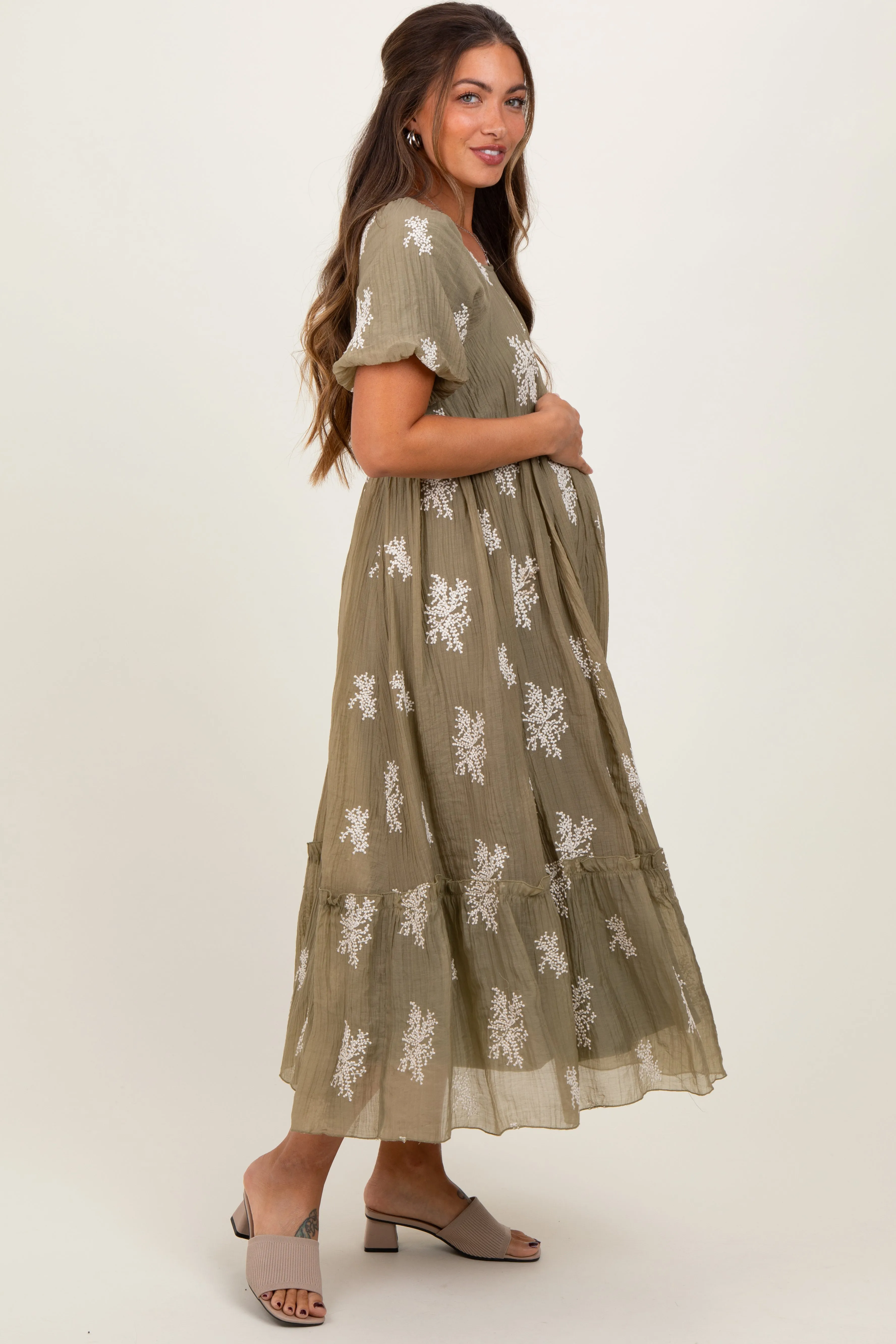 Olive Floral Print Ruffle Hem Maternity Midi Dress sold by Pinkblush product image thumbnail 3