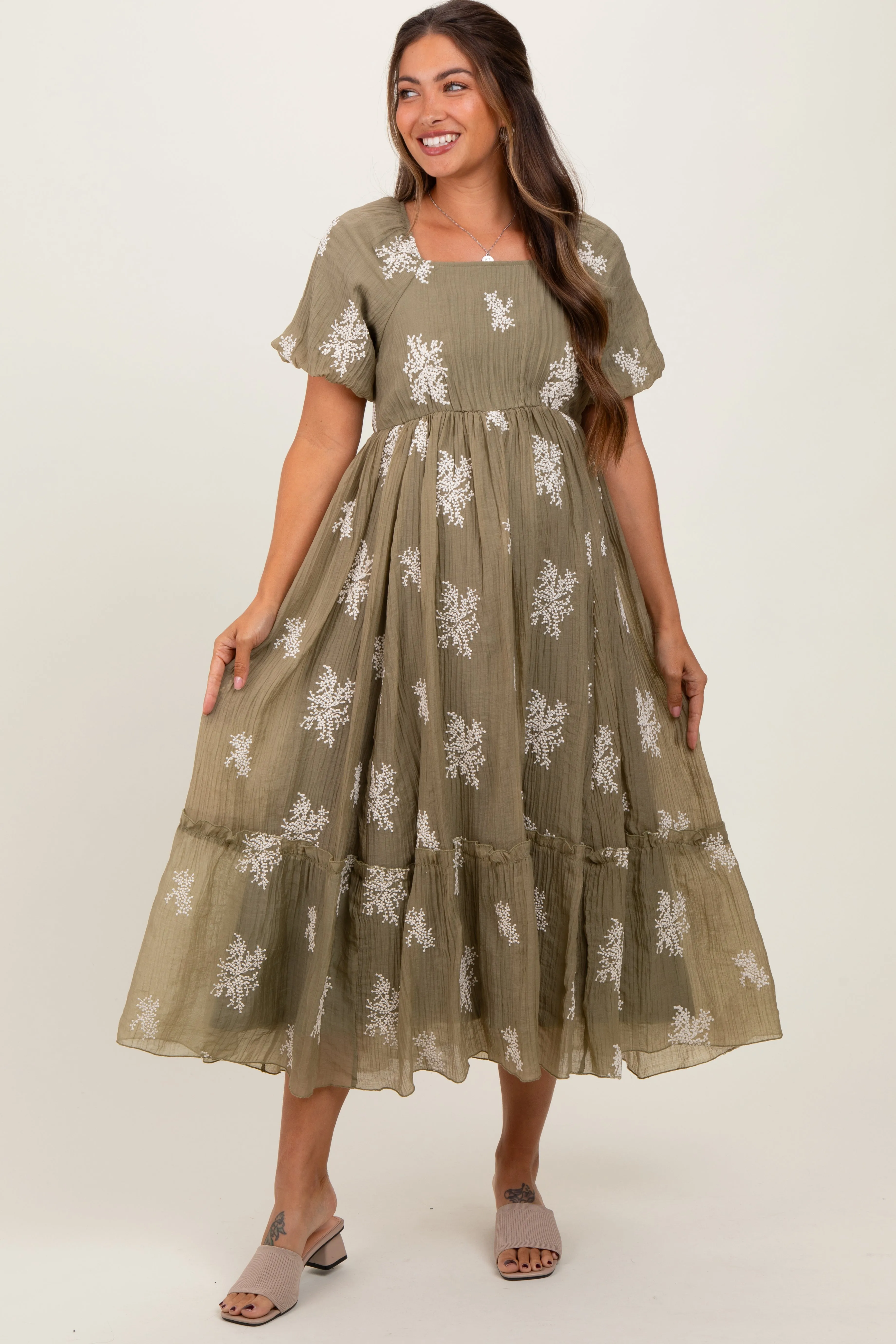 Olive Floral Print Ruffle Hem Maternity Midi Dress sold by Pinkblush product image thumbnail 2